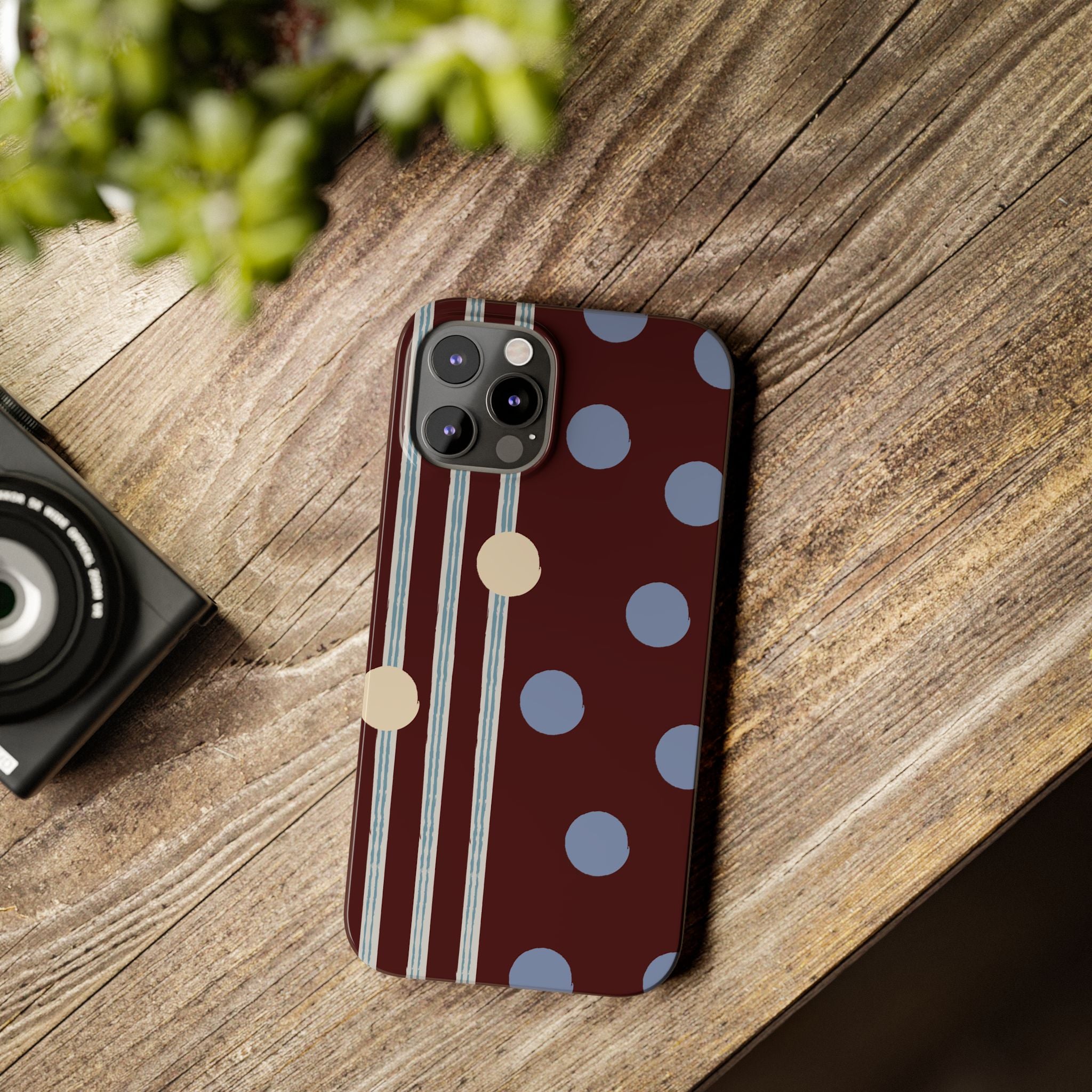Polka Dot & Stripe Slim Phone Case — Burgundy Blue Retro Pattern