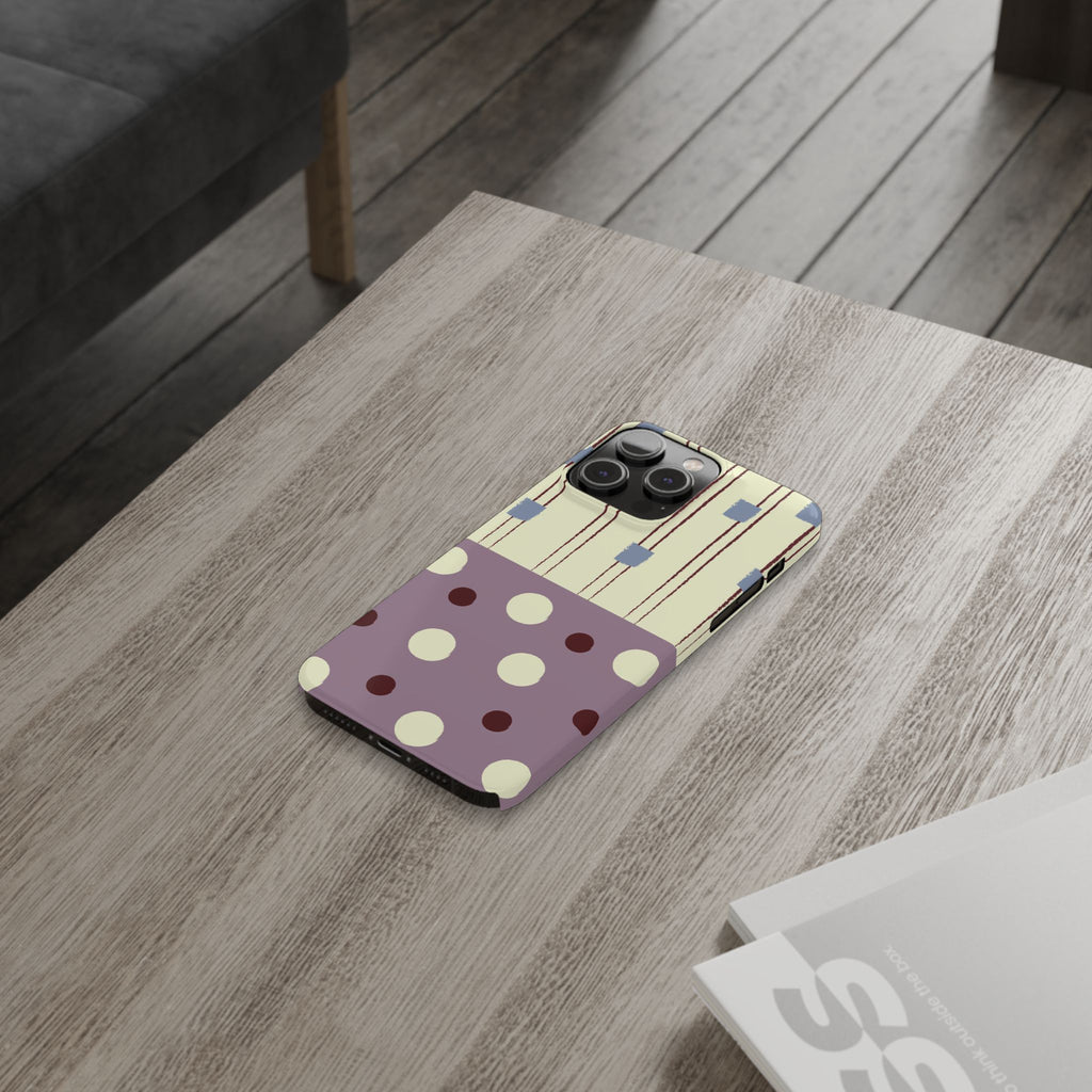 Slim Phone Case — Retro Polka Dot & Stripes Design, Lavender Plum