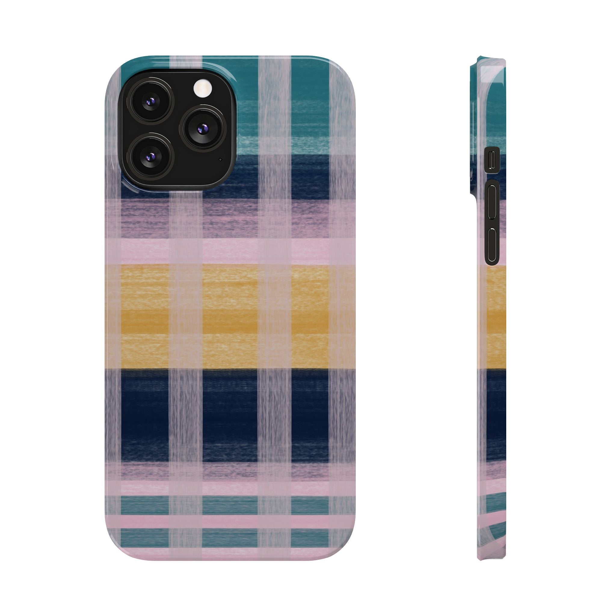 Plaid Brushstroke Slim Phone Case — Pastel Teal, Pink & Yellow Protective Cover SATC Inspired