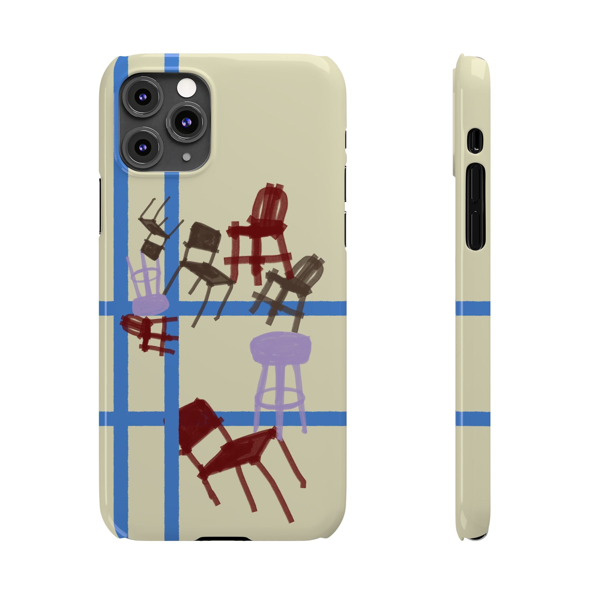 Slim Phone Case — Retro Chairs Pattern on Cream with Blue Grid Backroom-Inspired