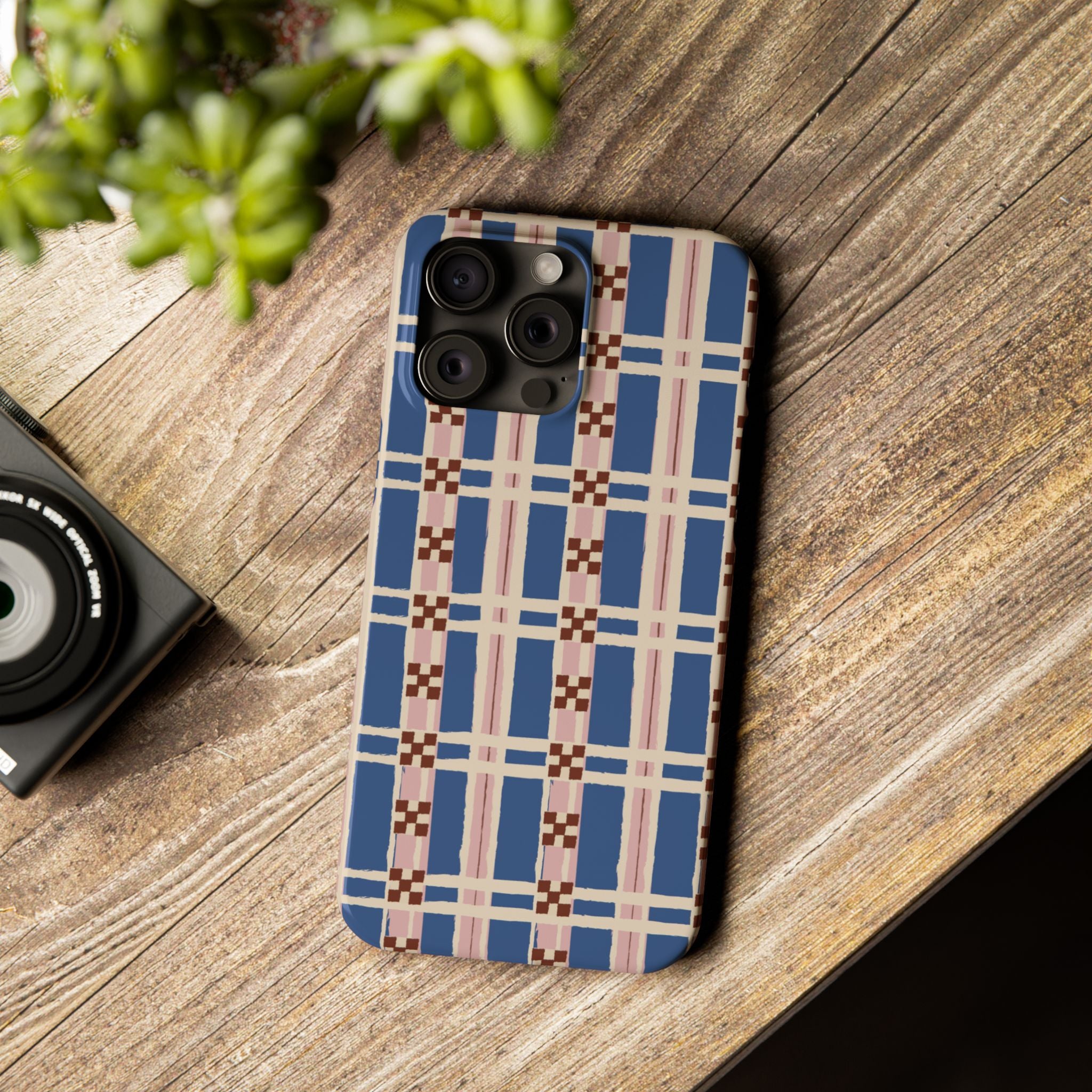 Slim Phone Case — Blue & Pink Retro Plaid Pattern
