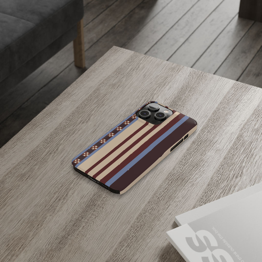 Slim Phone Case — Retro Striped Beige, Maroon & Blue Pattern