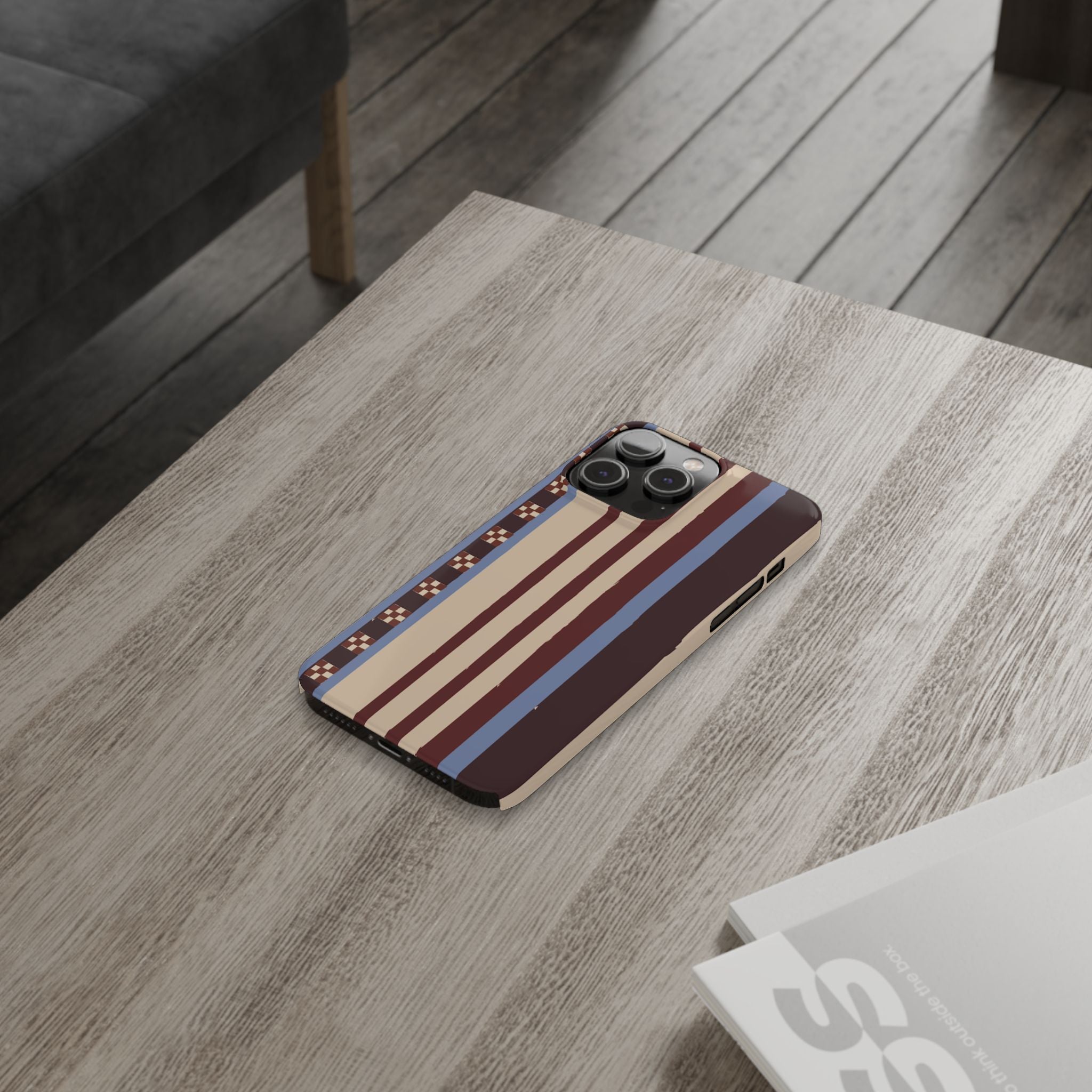 Slim Phone Case — Retro Striped Beige, Maroon & Blue Pattern