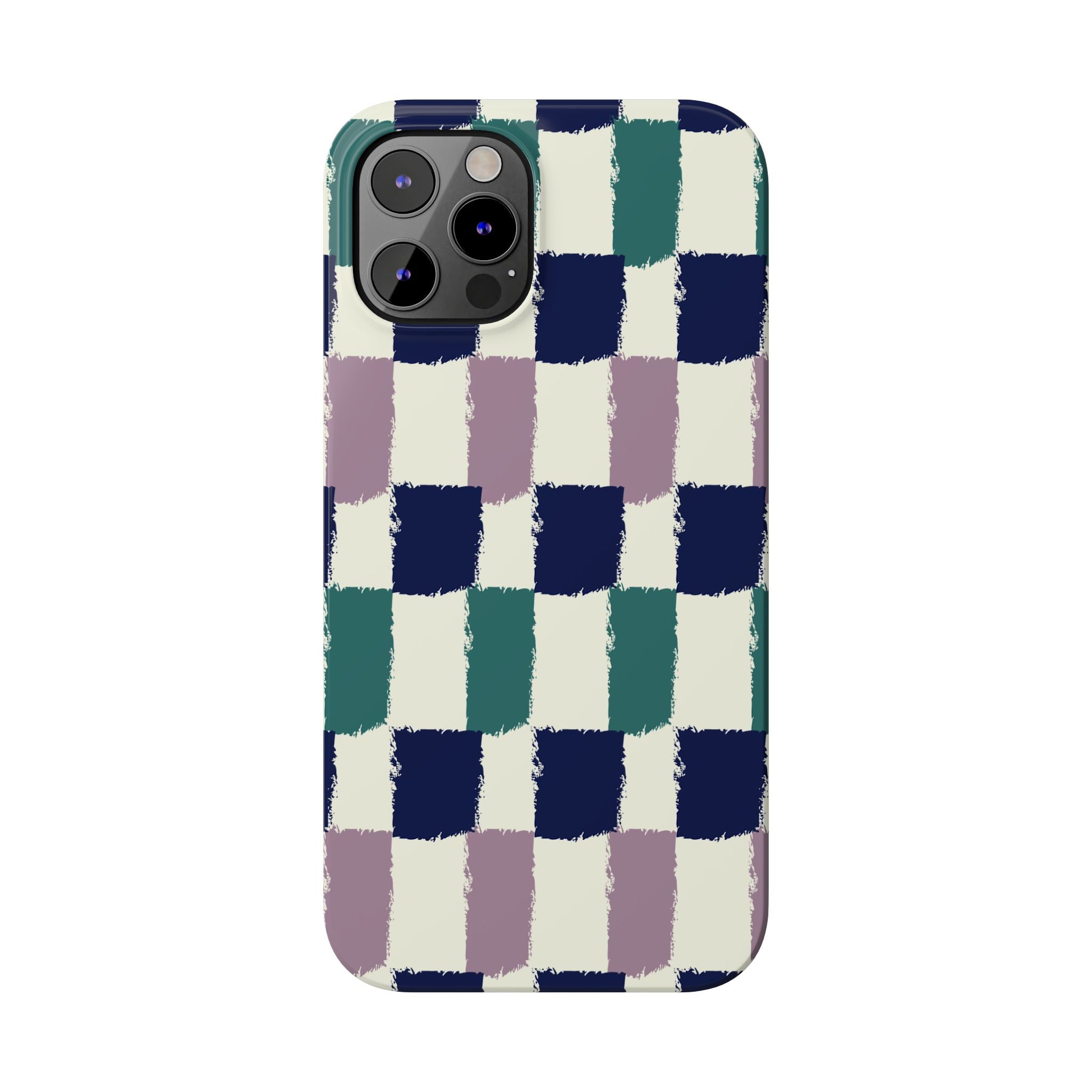 Painterly Check Slim Phone Case — Hand-Painted Navy, Teal & Lavender Grid