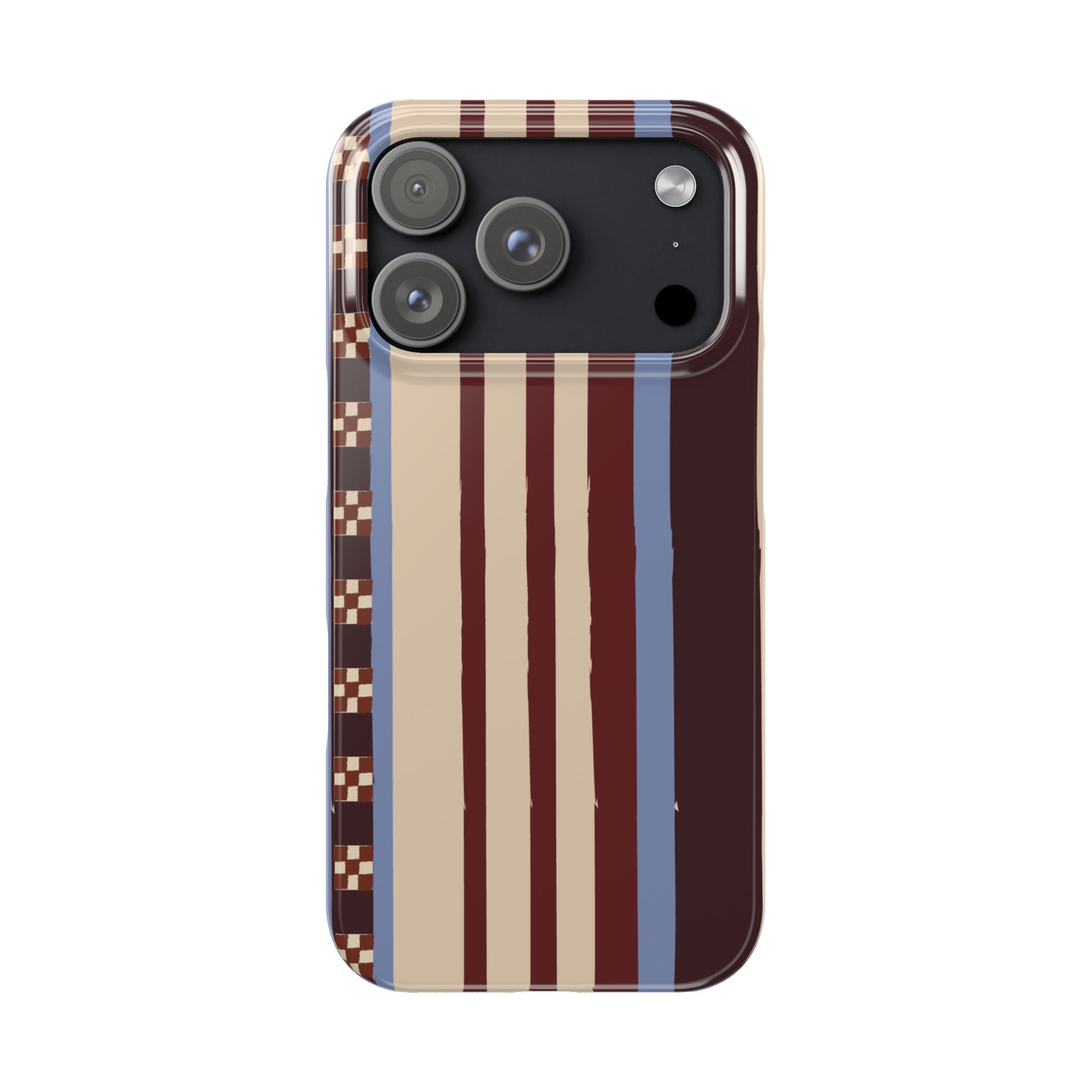Slim Phone Case — Retro Striped Beige, Maroon & Blue Pattern