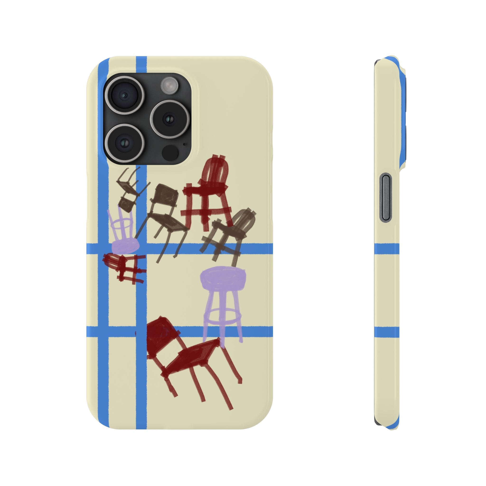 Slim Phone Case — Retro Chairs Pattern on Cream with Blue Grid Backroom-Inspired