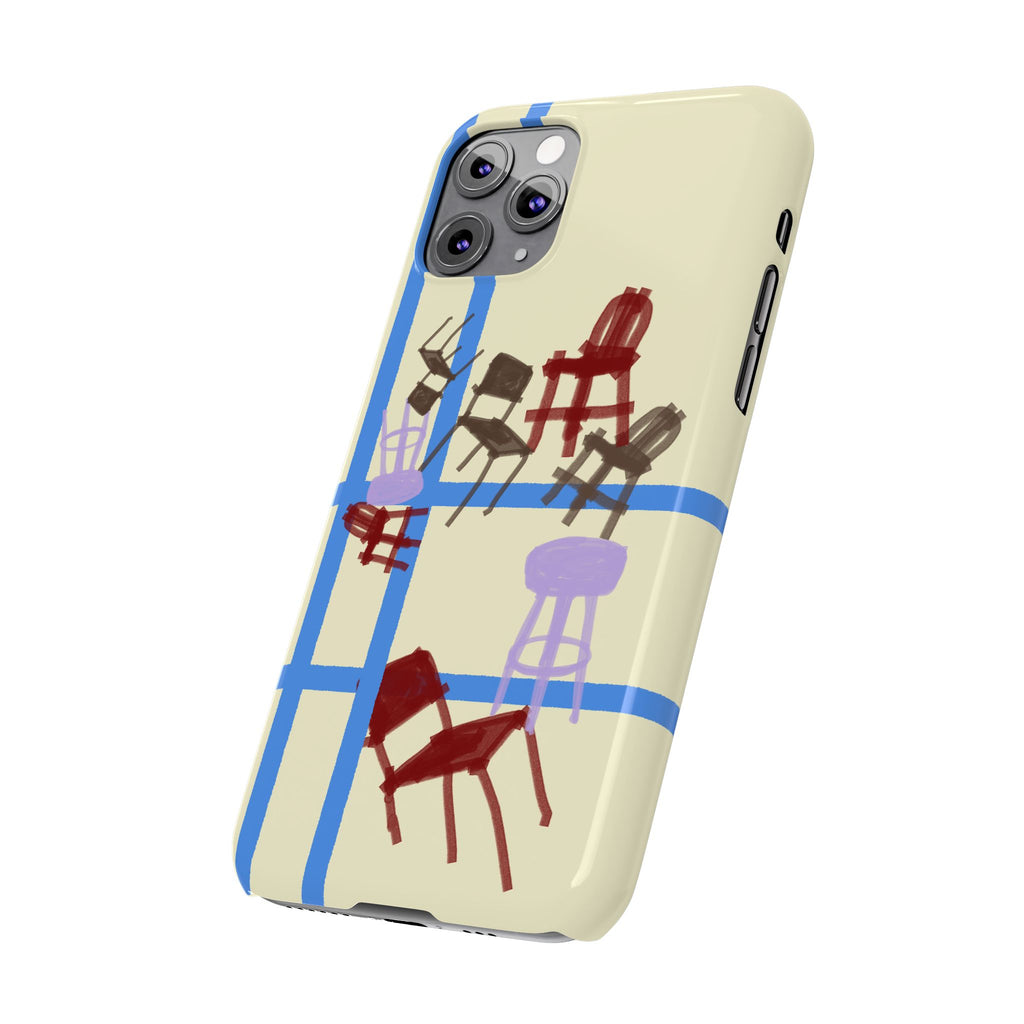 Slim Phone Case — Retro Chairs Pattern on Cream with Blue Grid Backroom-Inspired