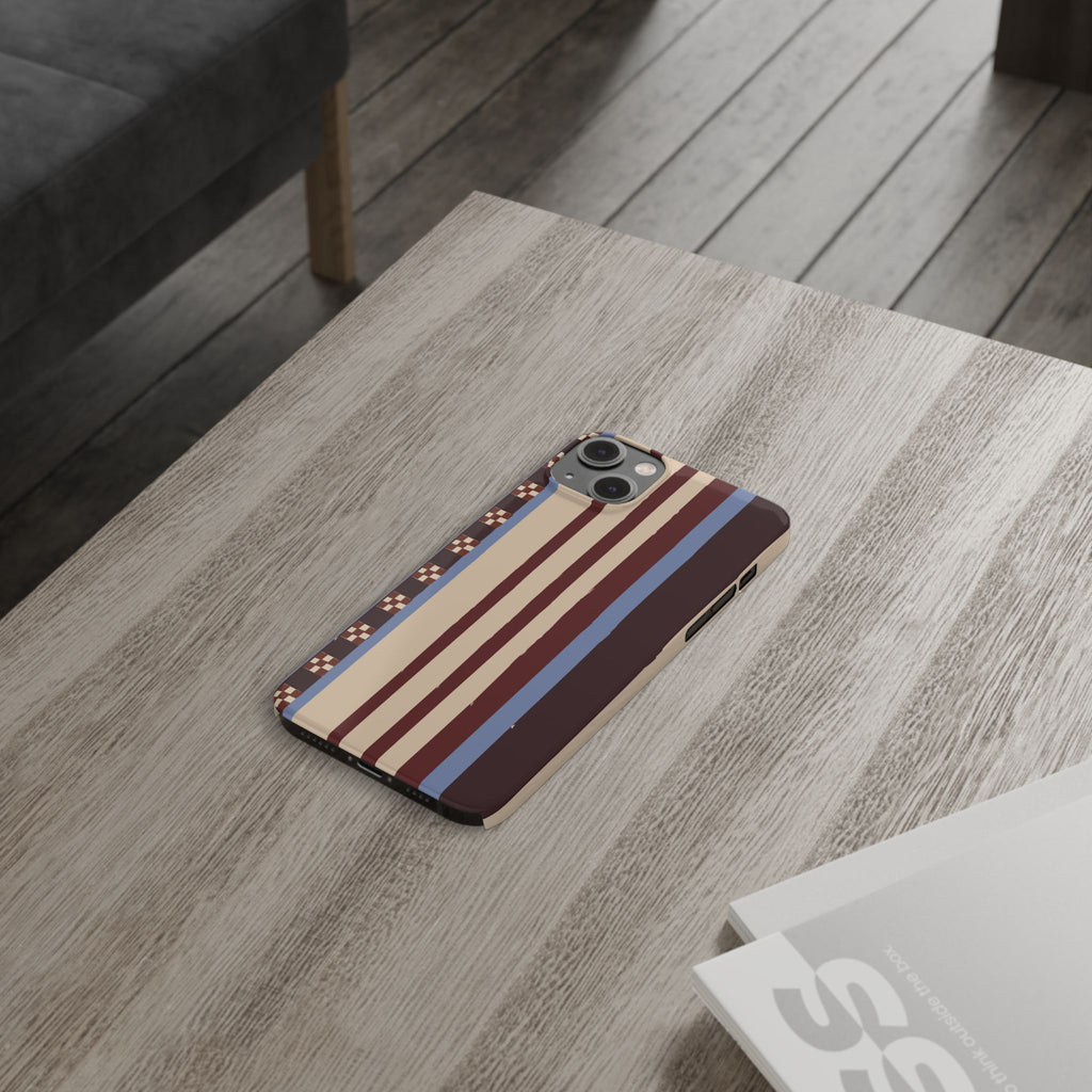 Slim Phone Case — Retro Striped Beige, Maroon & Blue Pattern