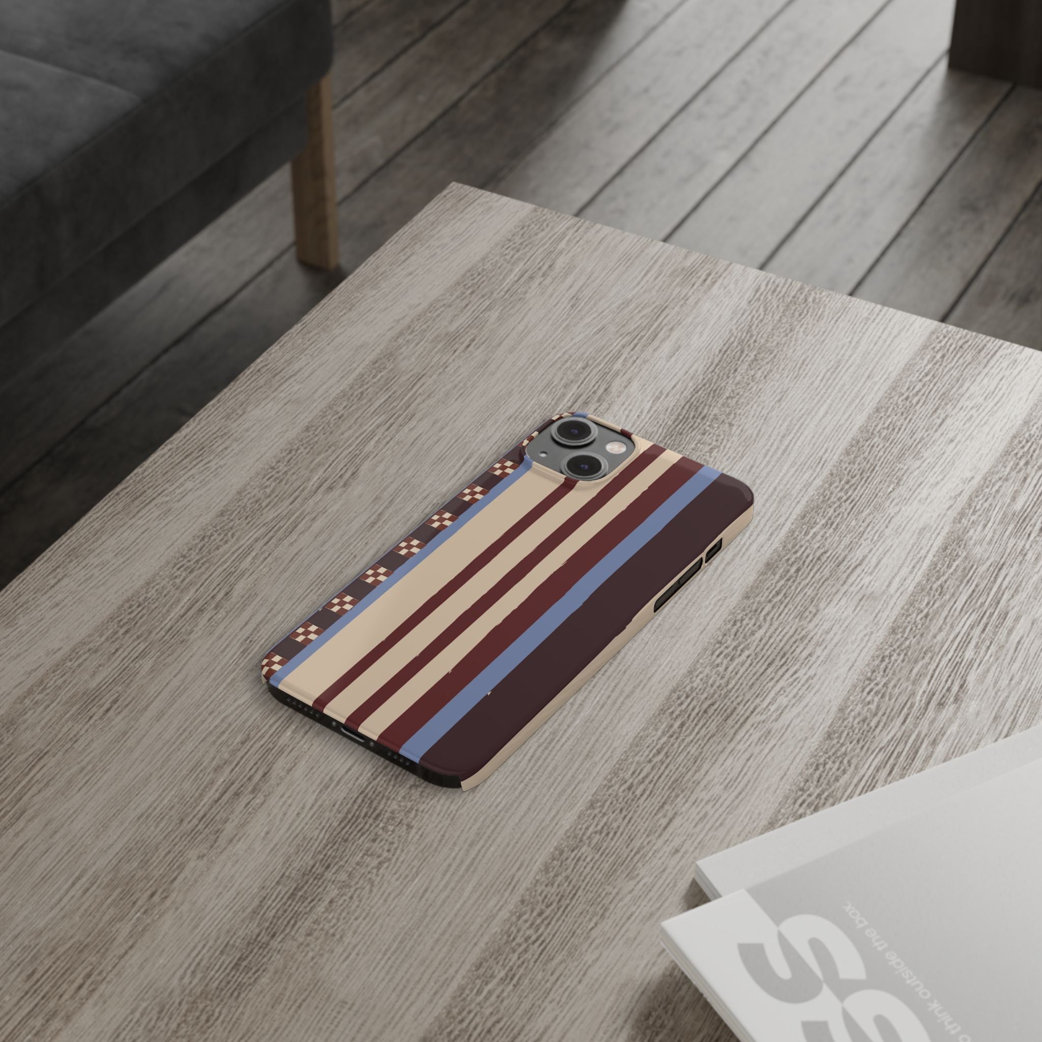 Slim Phone Case — Retro Striped Beige, Maroon & Blue Pattern