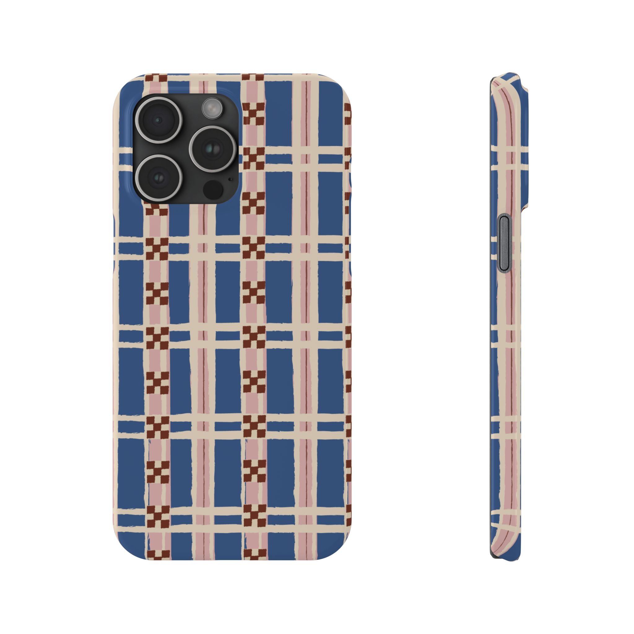 Slim Phone Case — Blue & Pink Retro Plaid Pattern