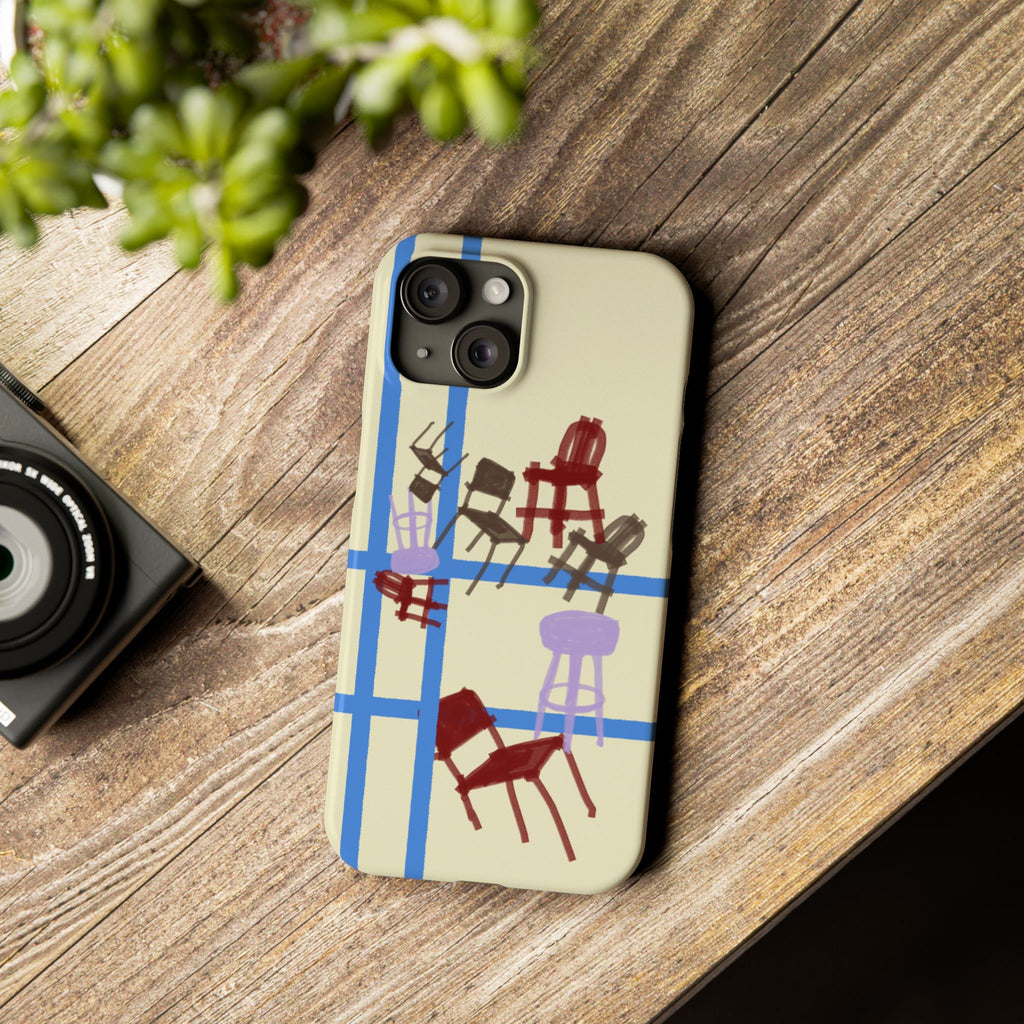 Slim Phone Case — Retro Chairs Pattern on Cream with Blue Grid Backroom-Inspired