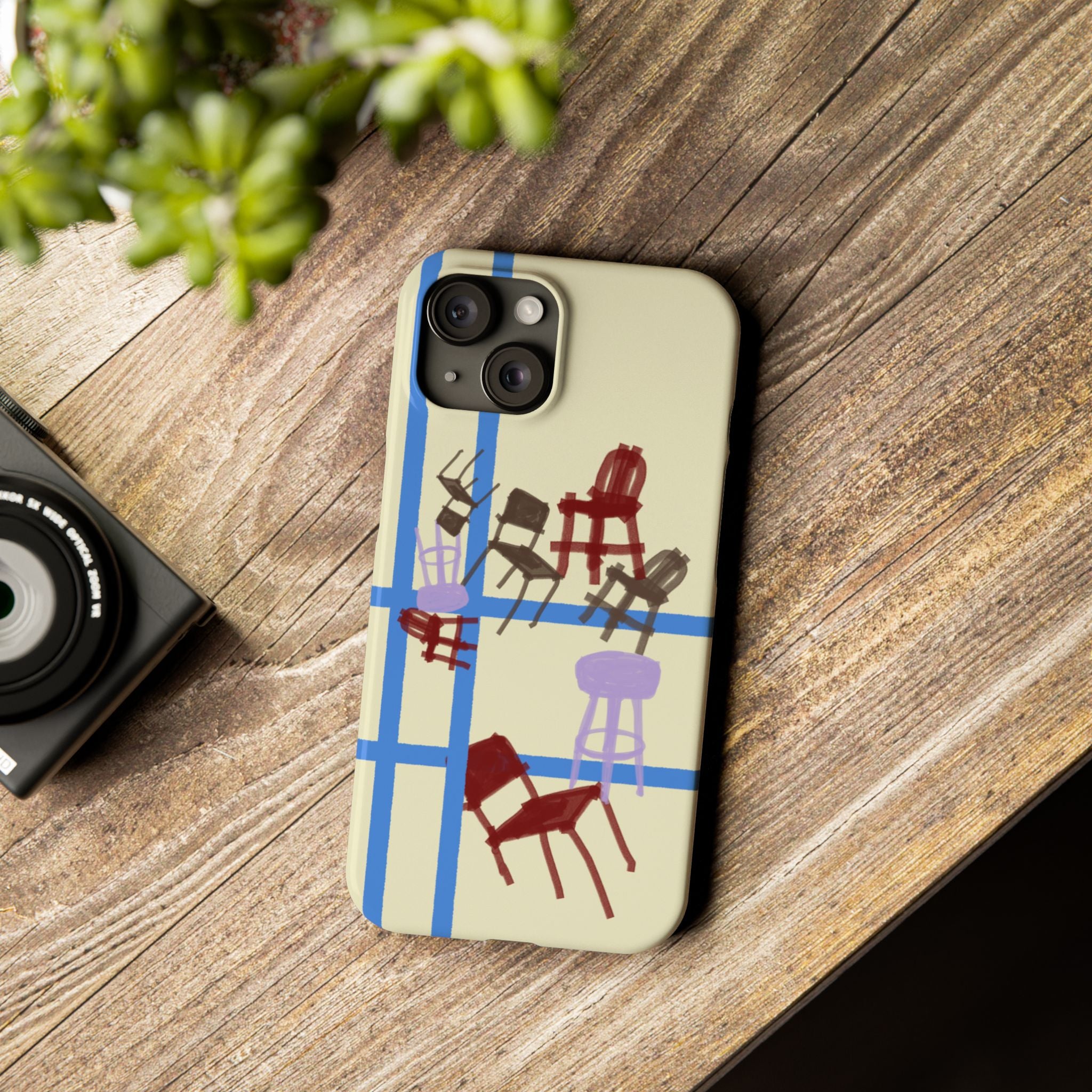 Slim Phone Case — Retro Chairs Pattern on Cream with Blue Grid Backroom-Inspired