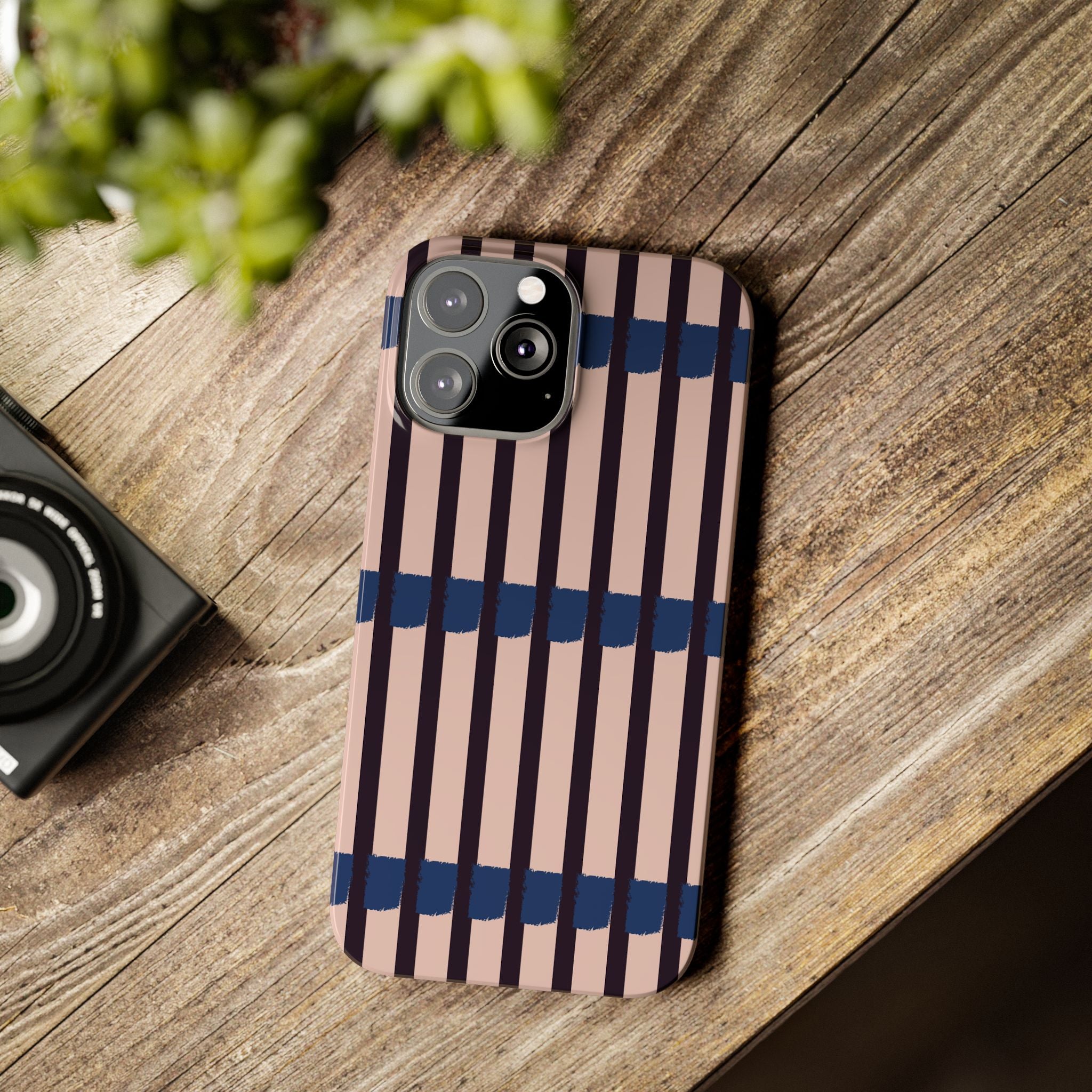 Slim Phone Case — Minimalist Blush & Navy Stripe Pattern