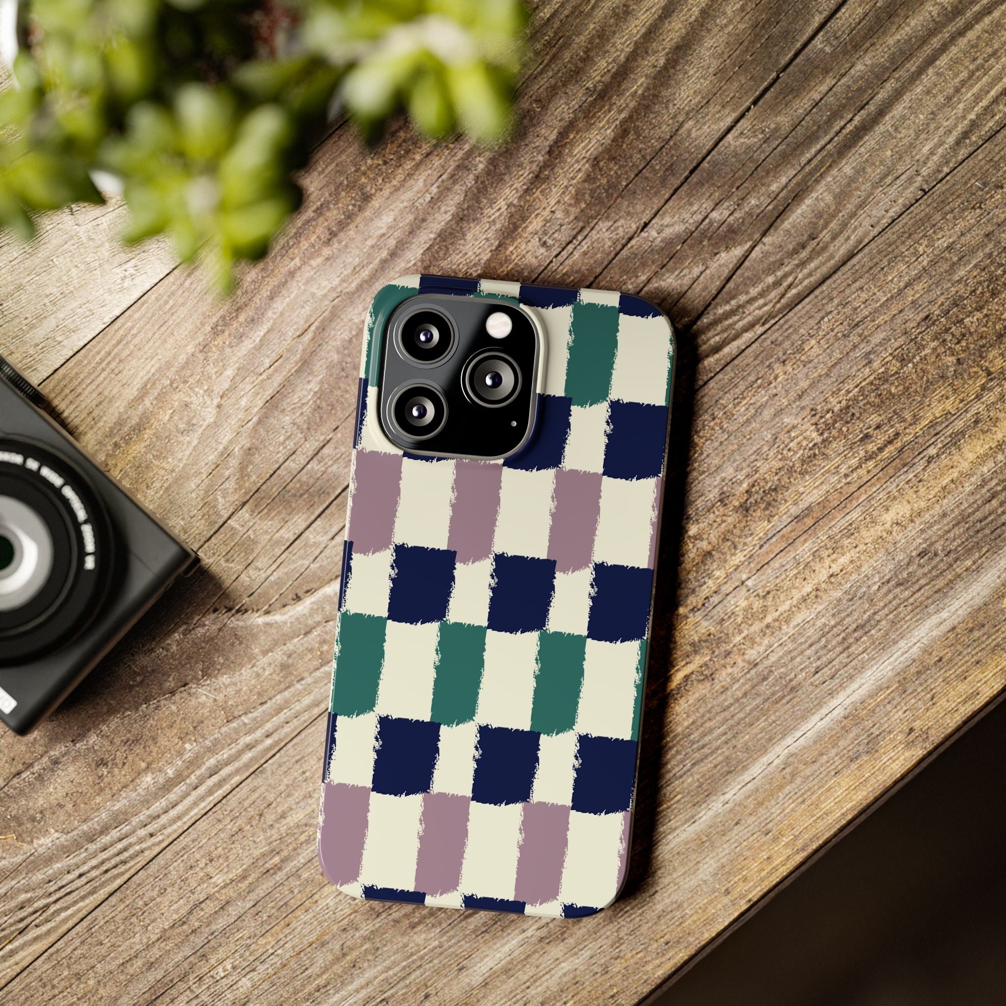 Painterly Check Slim Phone Case — Hand-Painted Navy, Teal & Lavender Grid