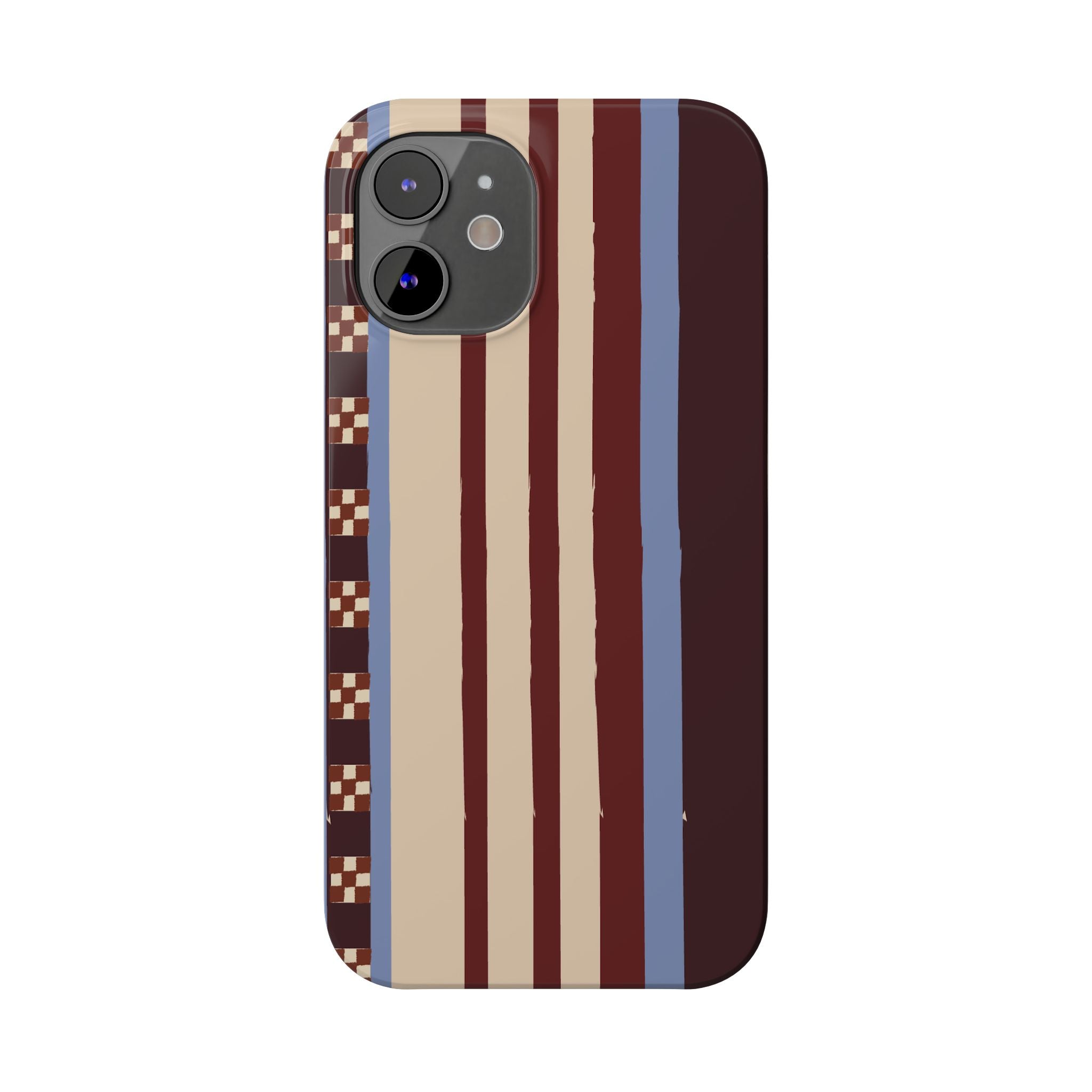 Slim Phone Case — Retro Striped Beige, Maroon & Blue Pattern