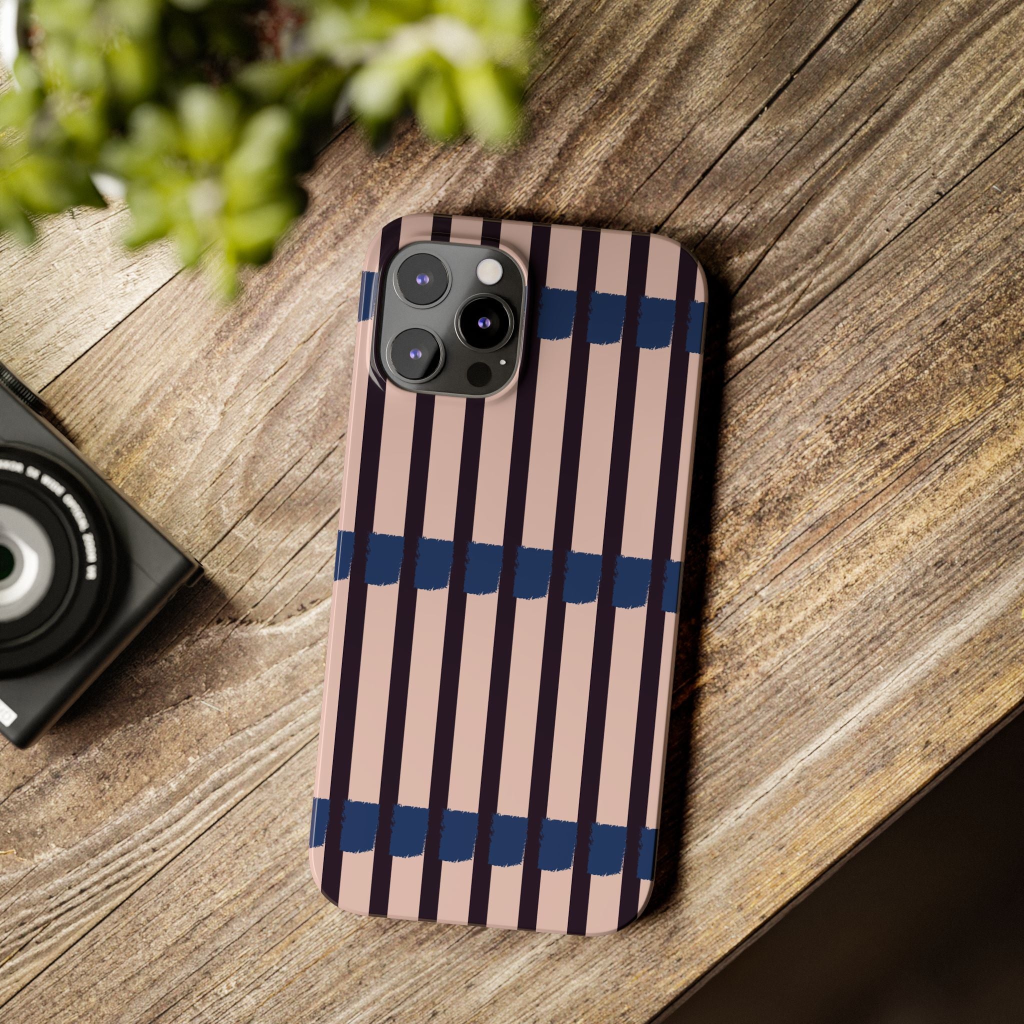 Slim Phone Case — Minimalist Blush & Navy Stripe Pattern