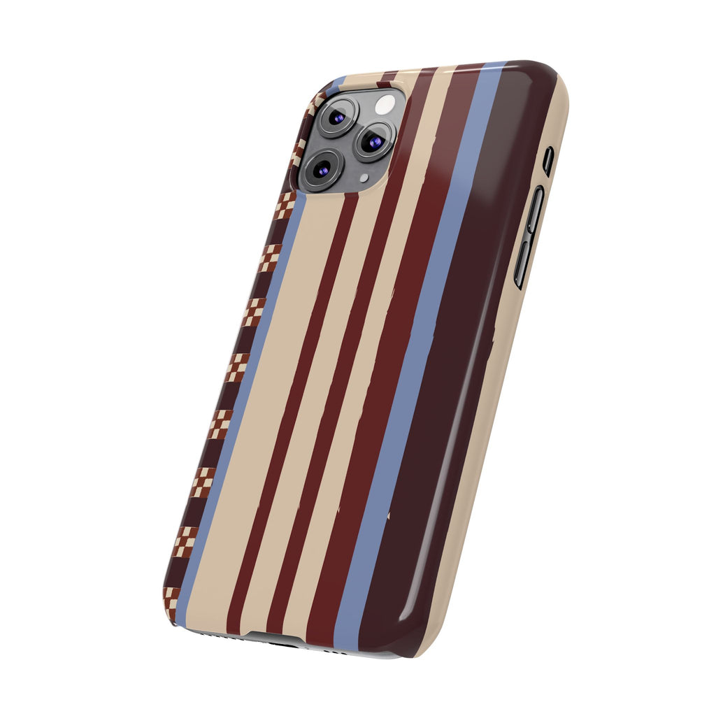Slim Phone Case — Retro Striped Beige, Maroon & Blue Pattern
