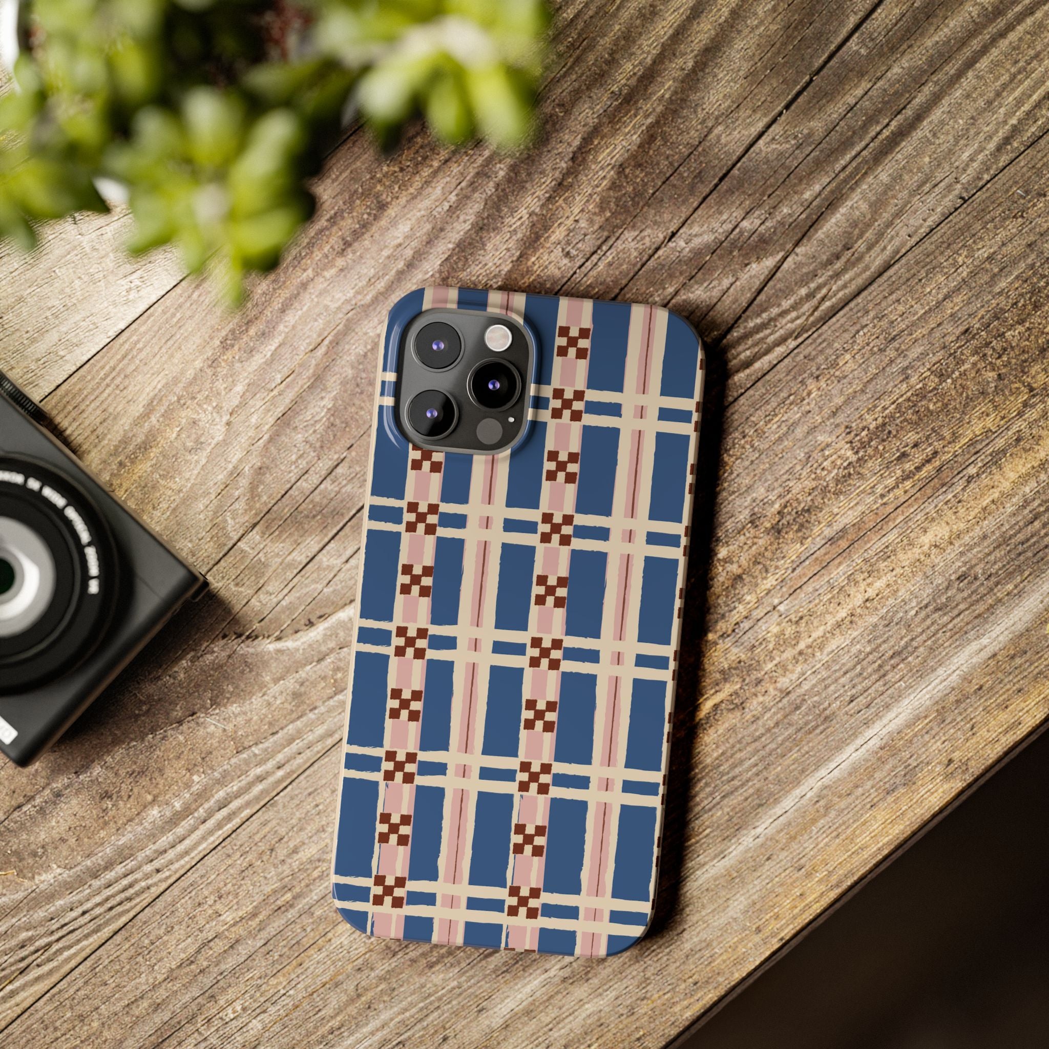 Slim Phone Case — Blue & Pink Retro Plaid Pattern