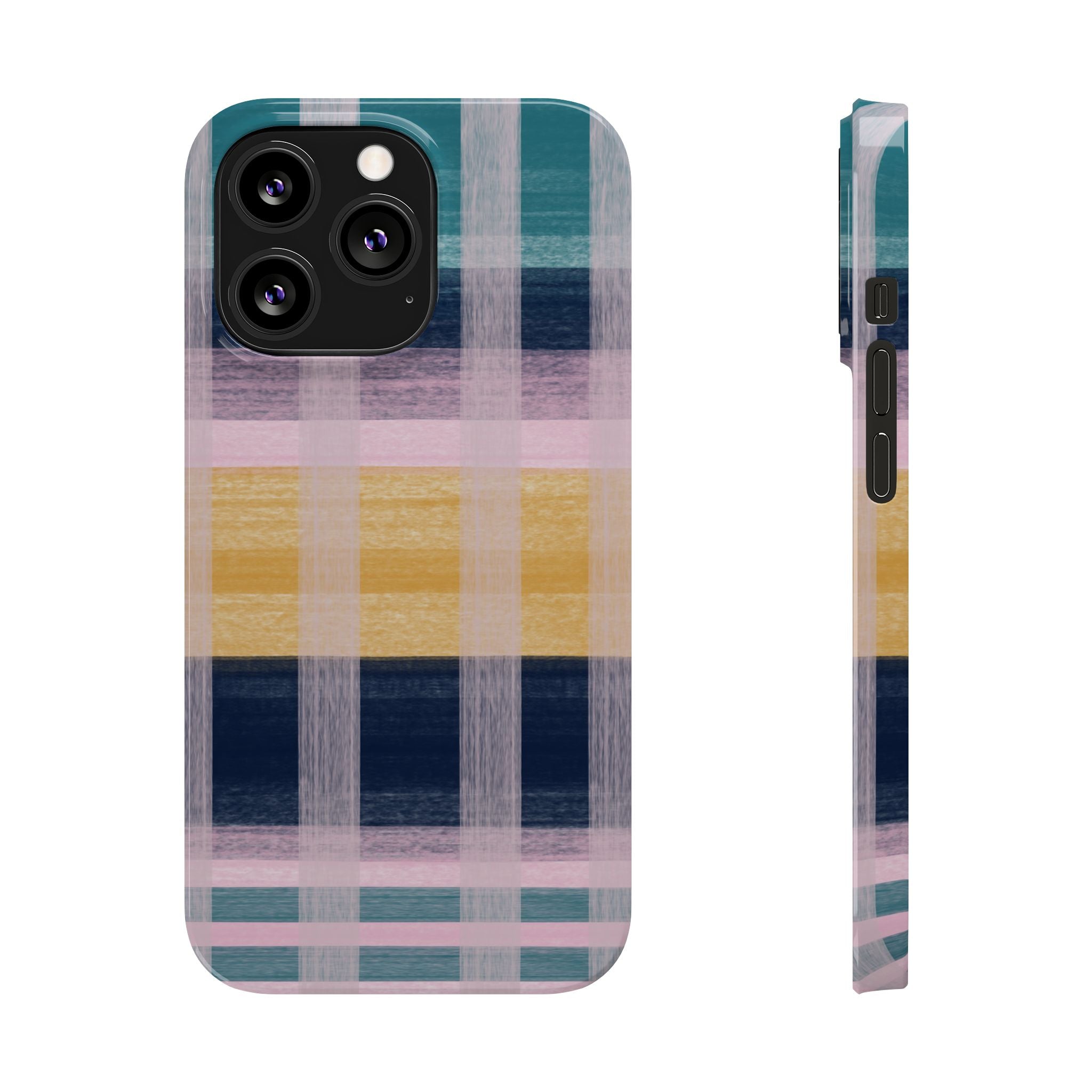 Plaid Brushstroke Slim Phone Case — Pastel Teal, Pink & Yellow Protective Cover SATC Inspired