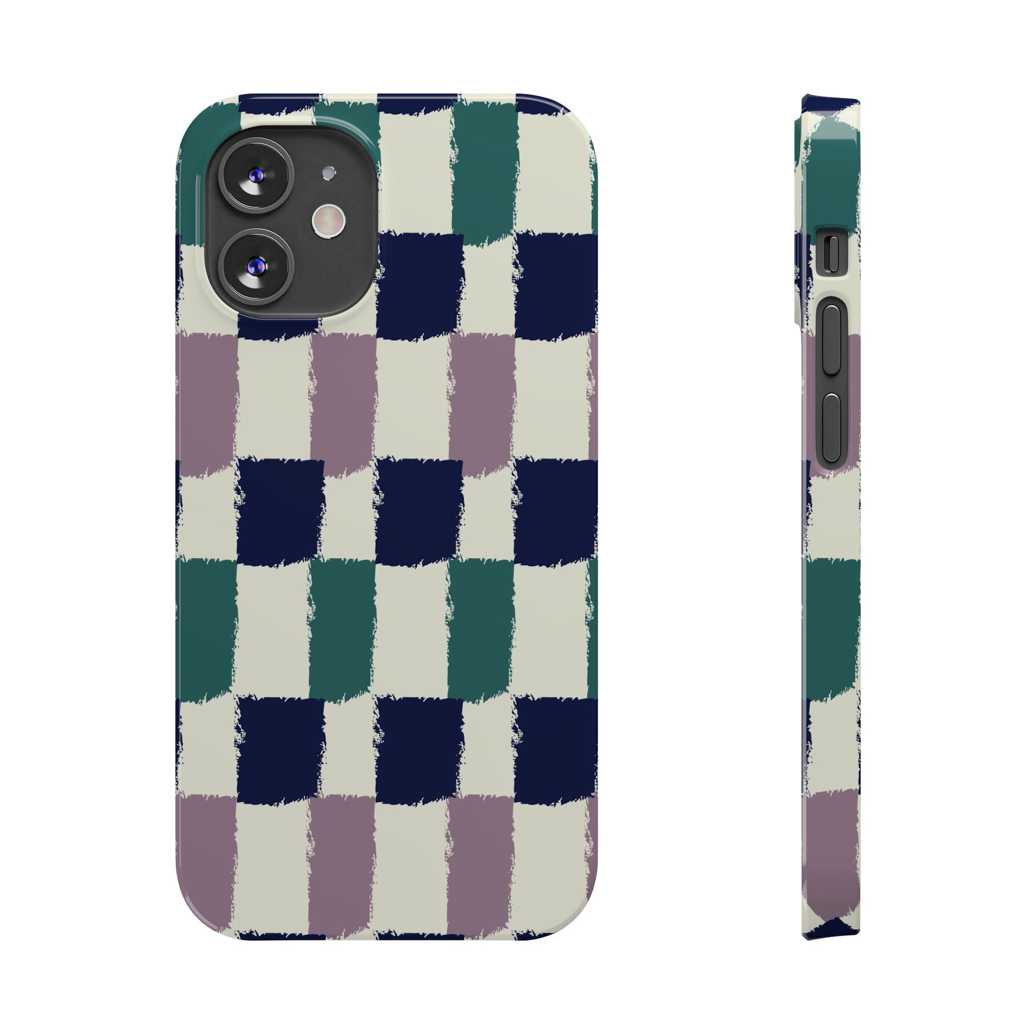 Painterly Check Slim Phone Case — Hand-Painted Navy, Teal & Lavender Grid