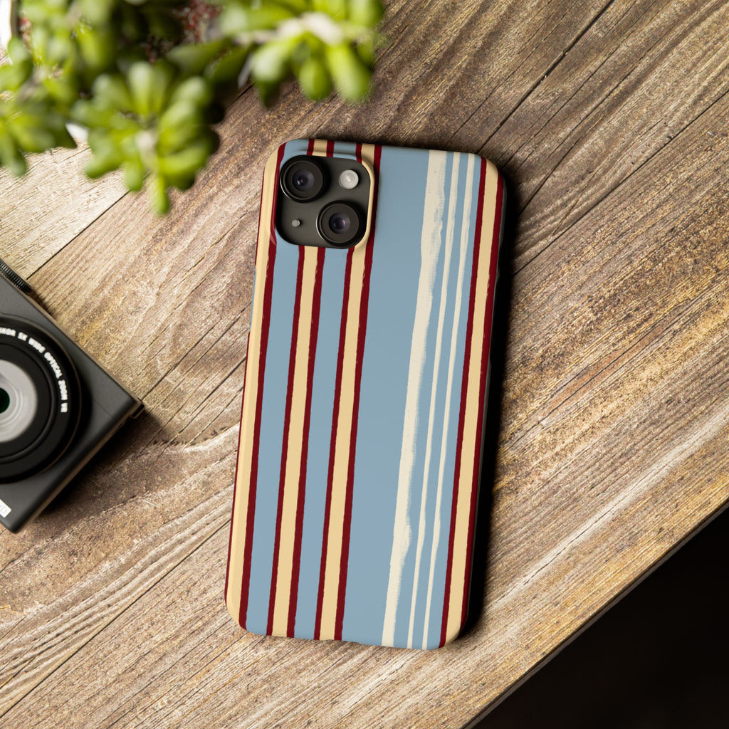 Retro Striped Slim Phone Case — Blue, Cream & Burgundy Vertical Lines