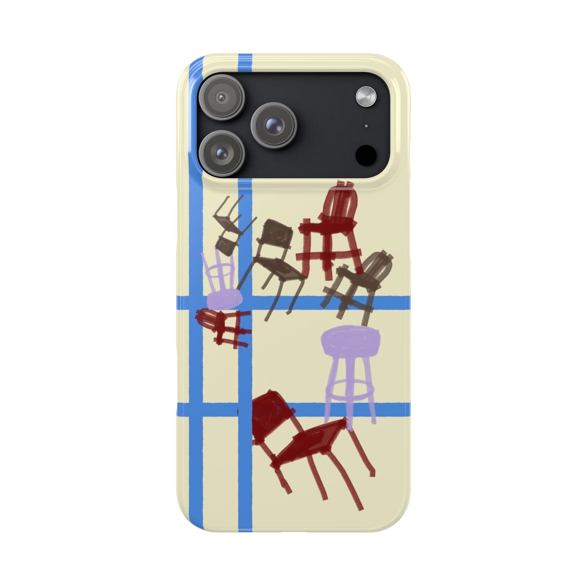 Slim Phone Case — Retro Chairs Pattern on Cream with Blue Grid Backroom-Inspired