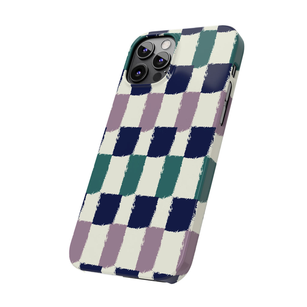 Painterly Check Slim Phone Case — Hand-Painted Navy, Teal & Lavender Grid