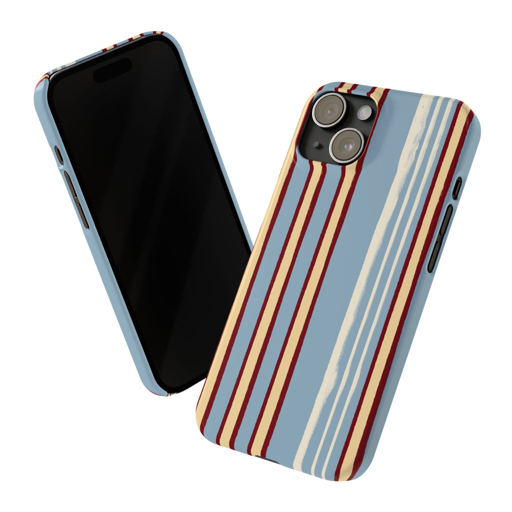 Retro Striped Slim Phone Case — Blue, Cream & Burgundy Vertical Lines