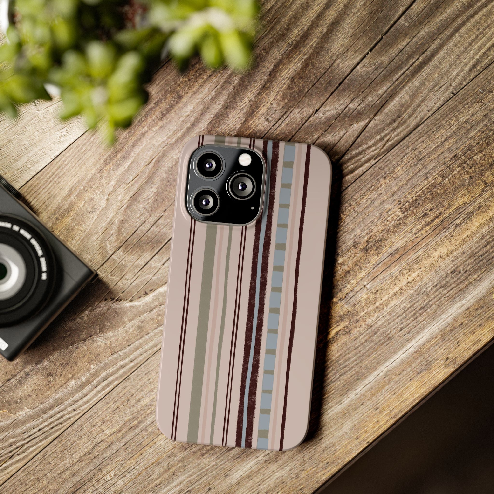 Slim Phone Case — Vintage Striped Pattern, Neutral Earthtone Protective Cover