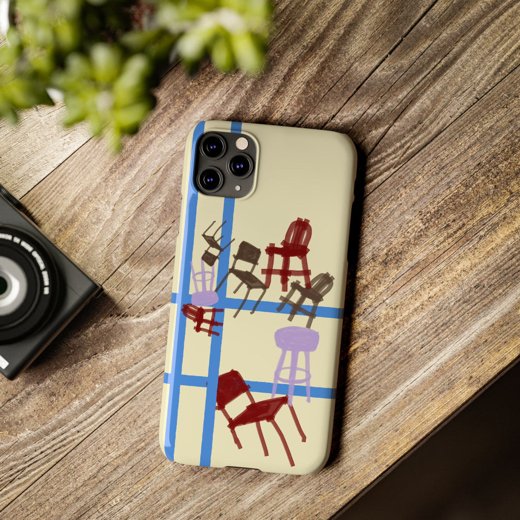 Slim Phone Case — Retro Chairs Pattern on Cream with Blue Grid Backroom-Inspired