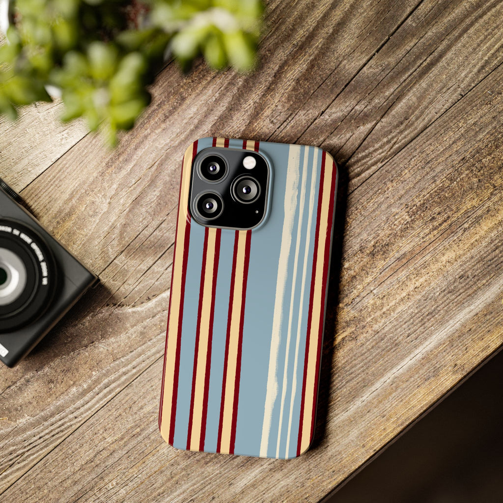 Retro Striped Slim Phone Case — Blue, Cream & Burgundy Vertical Lines