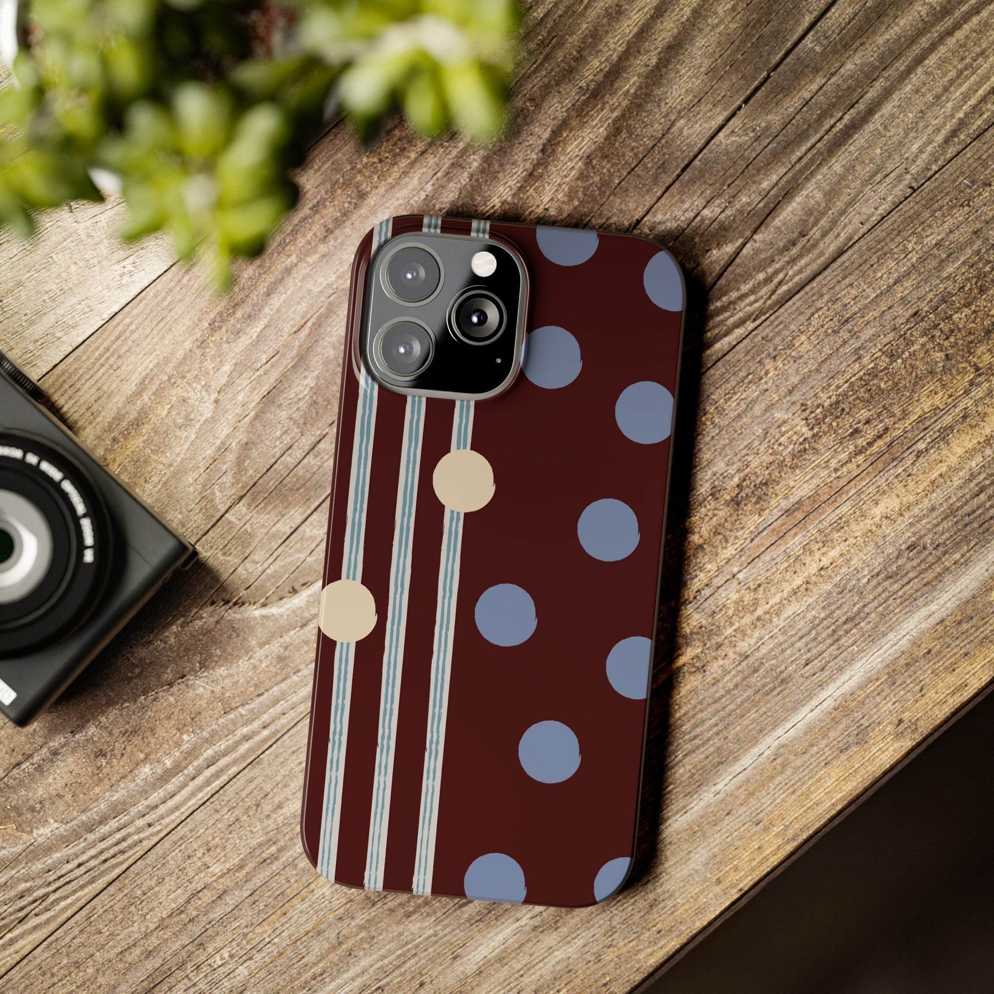 Polka Dot & Stripe Slim Phone Case — Burgundy Blue Retro Pattern