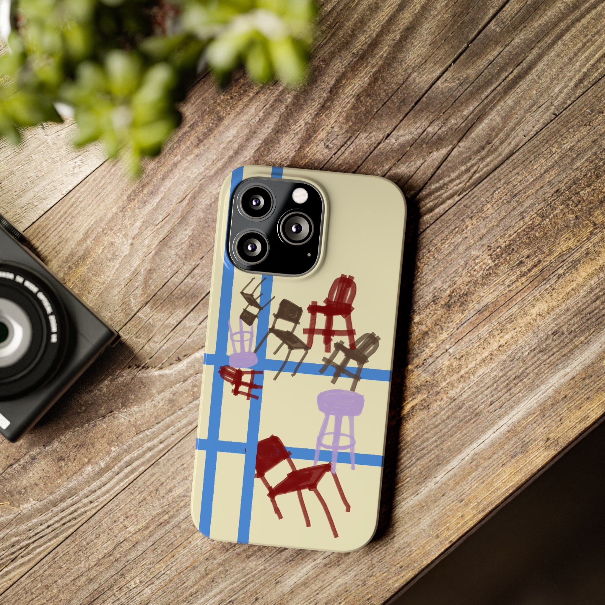 Slim Phone Case — Retro Chairs Pattern on Cream with Blue Grid Backroom-Inspired