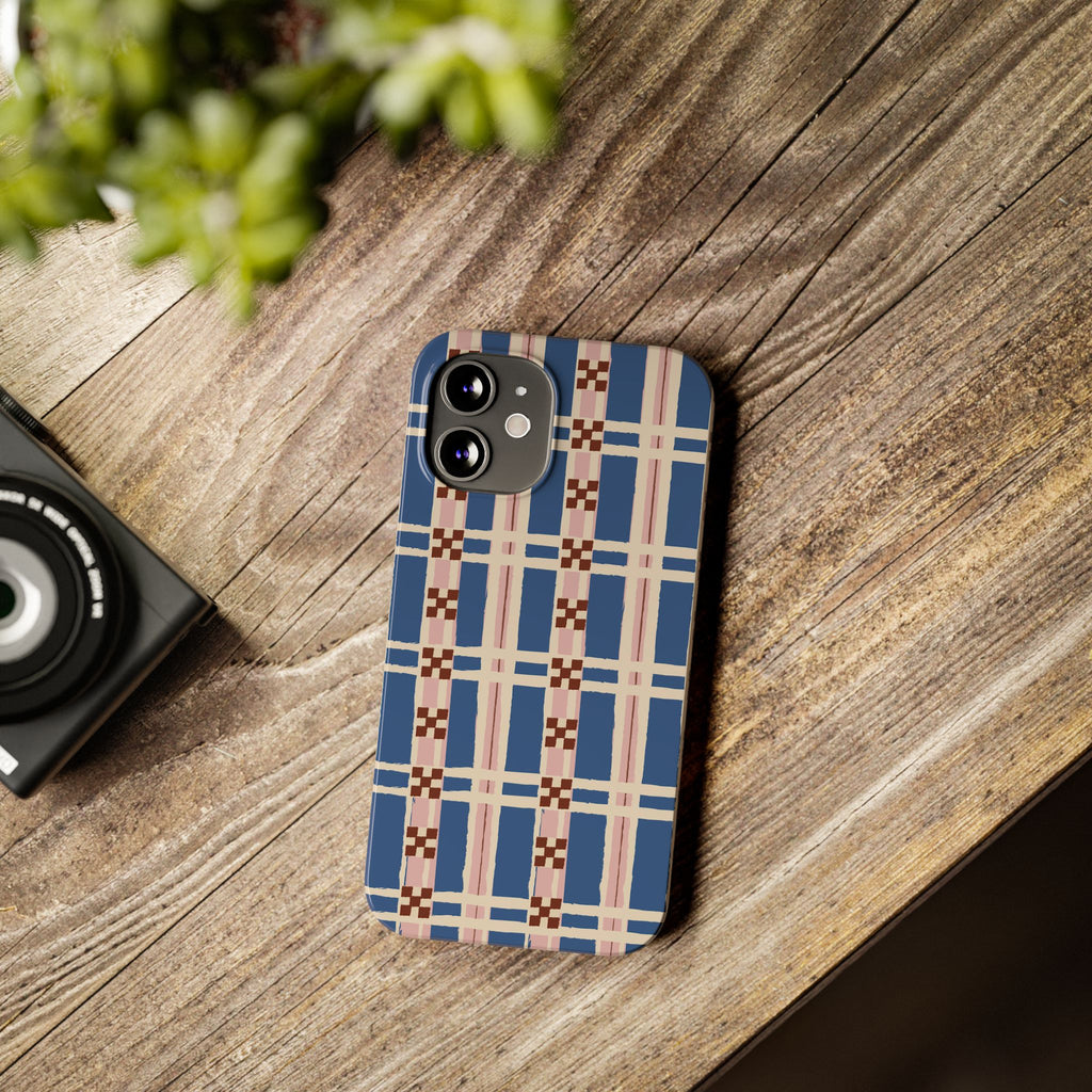 Slim Phone Case — Blue & Pink Retro Plaid Pattern
