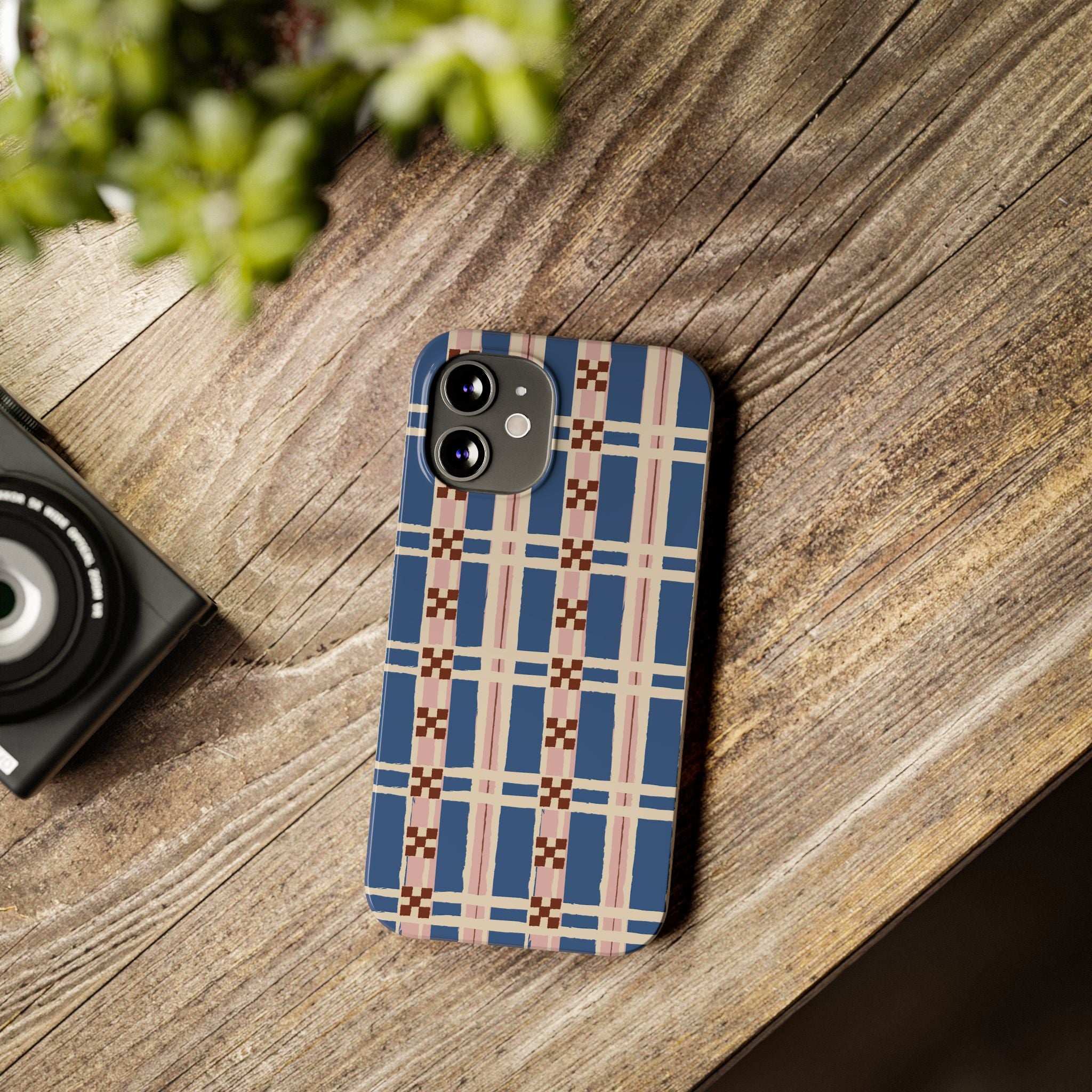 Slim Phone Case — Blue & Pink Retro Plaid Pattern