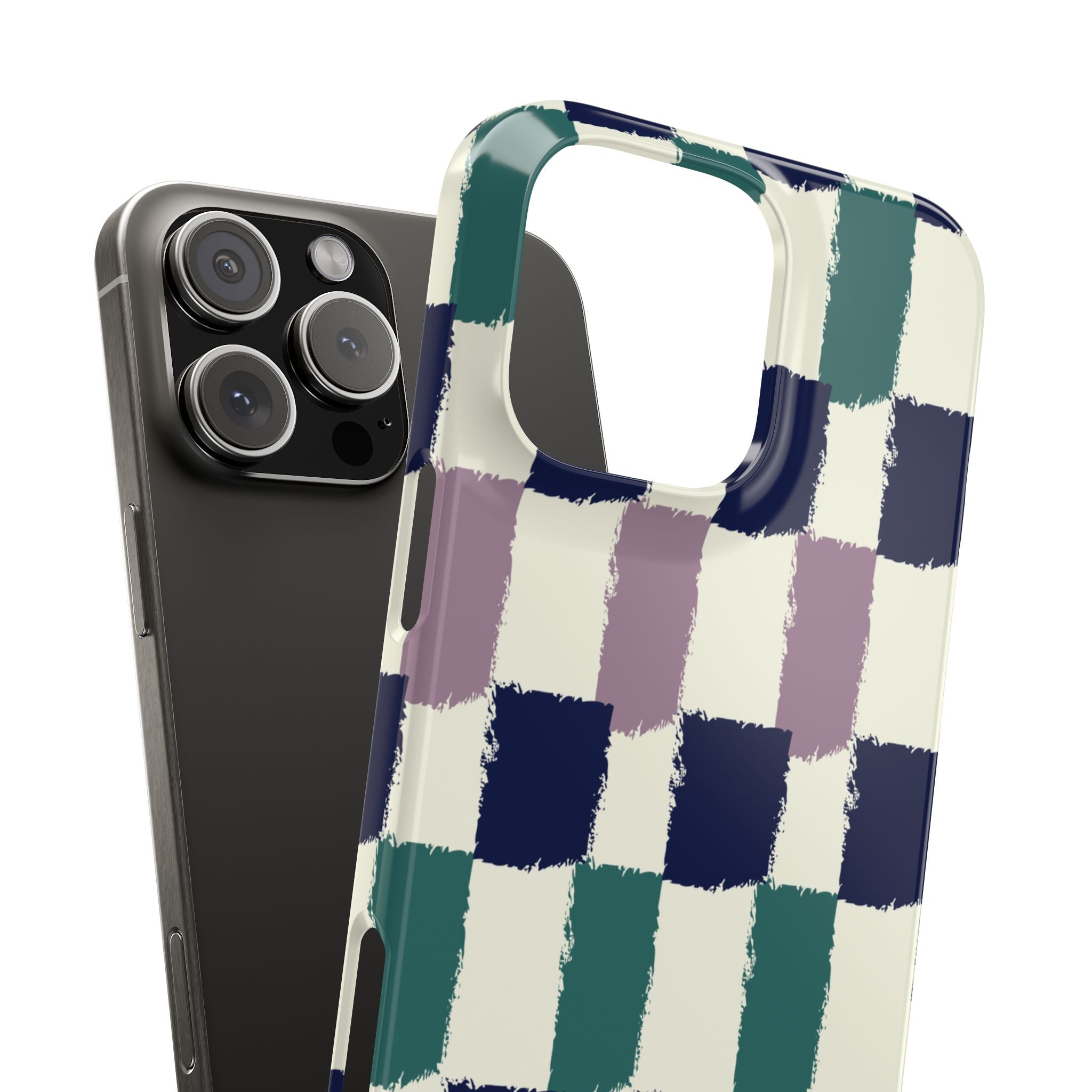 Painterly Check Slim Phone Case — Hand-Painted Navy, Teal & Lavender Grid