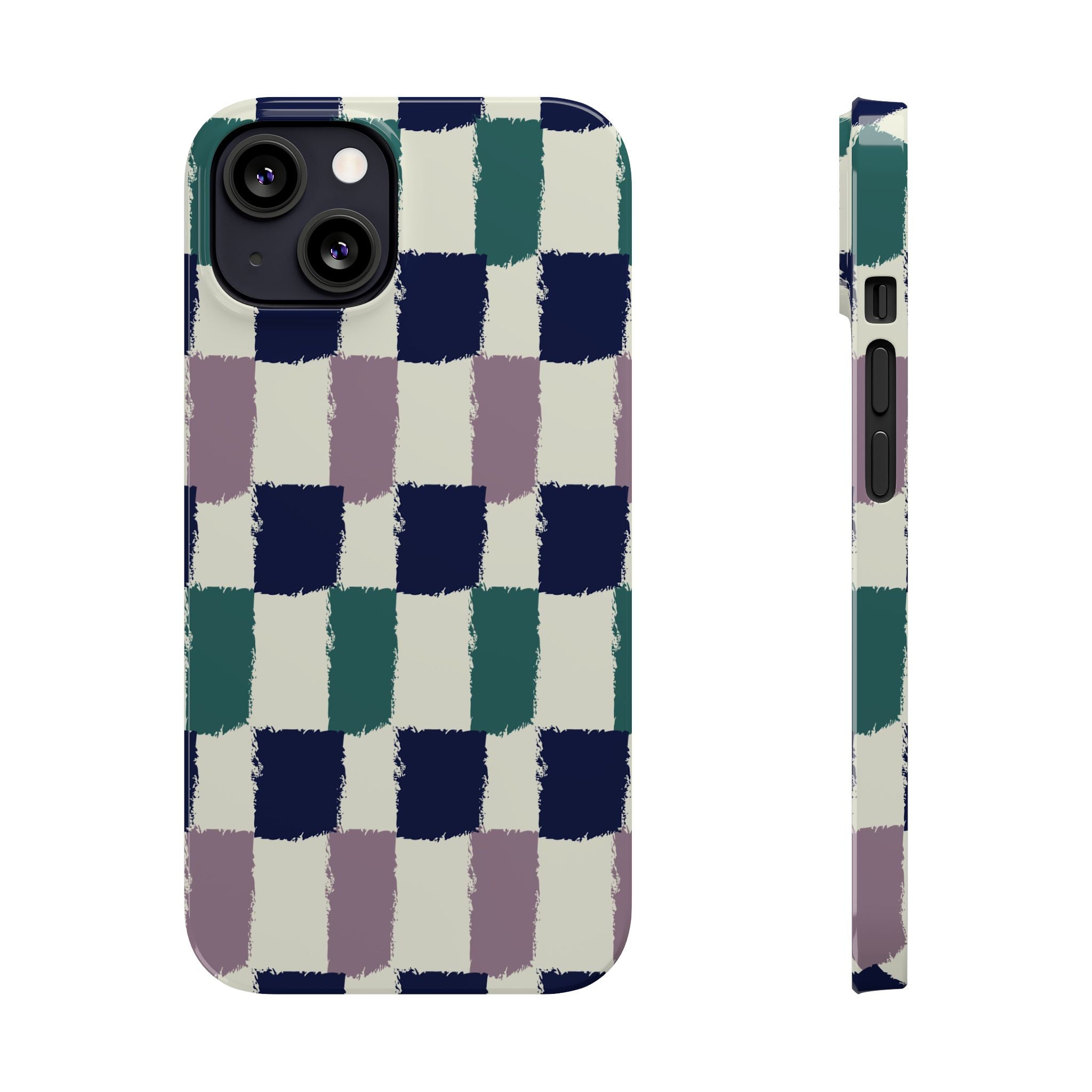 Painterly Check Slim Phone Case — Hand-Painted Navy, Teal & Lavender Grid