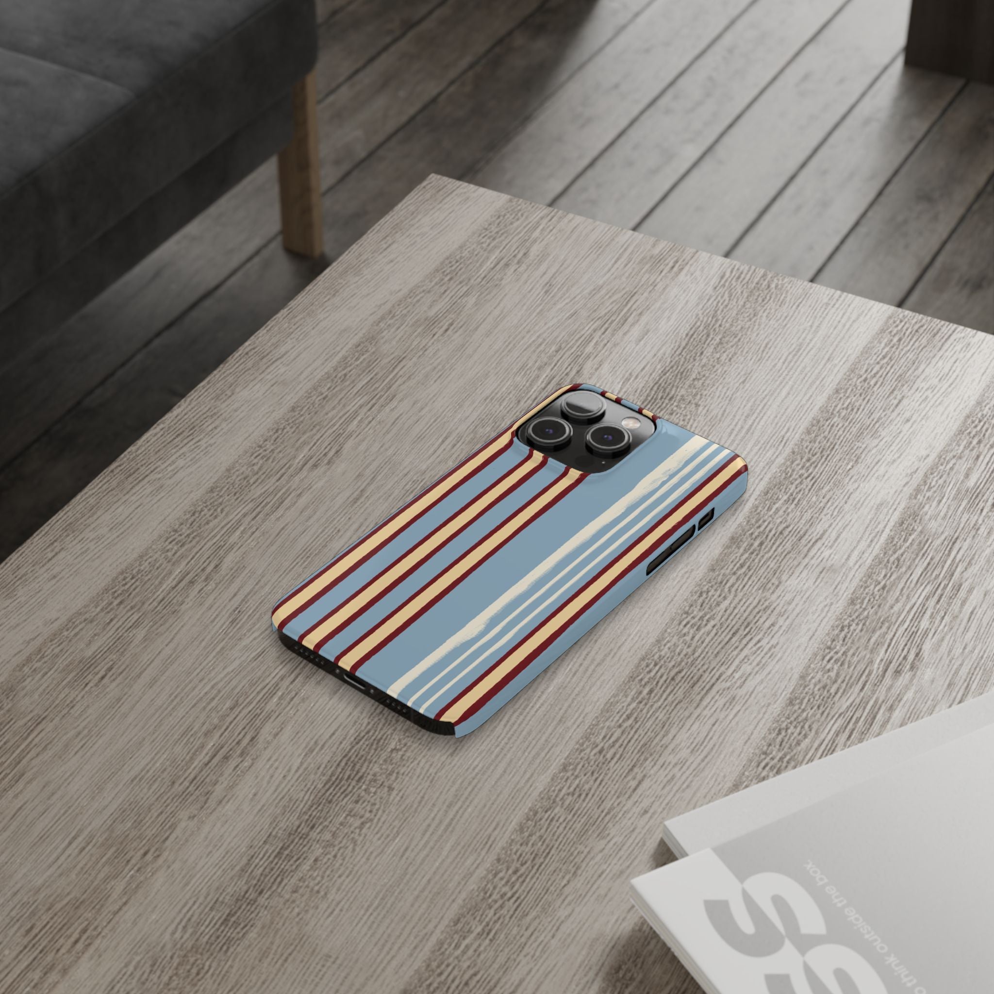 Retro Striped Slim Phone Case — Blue, Cream & Burgundy Vertical Lines