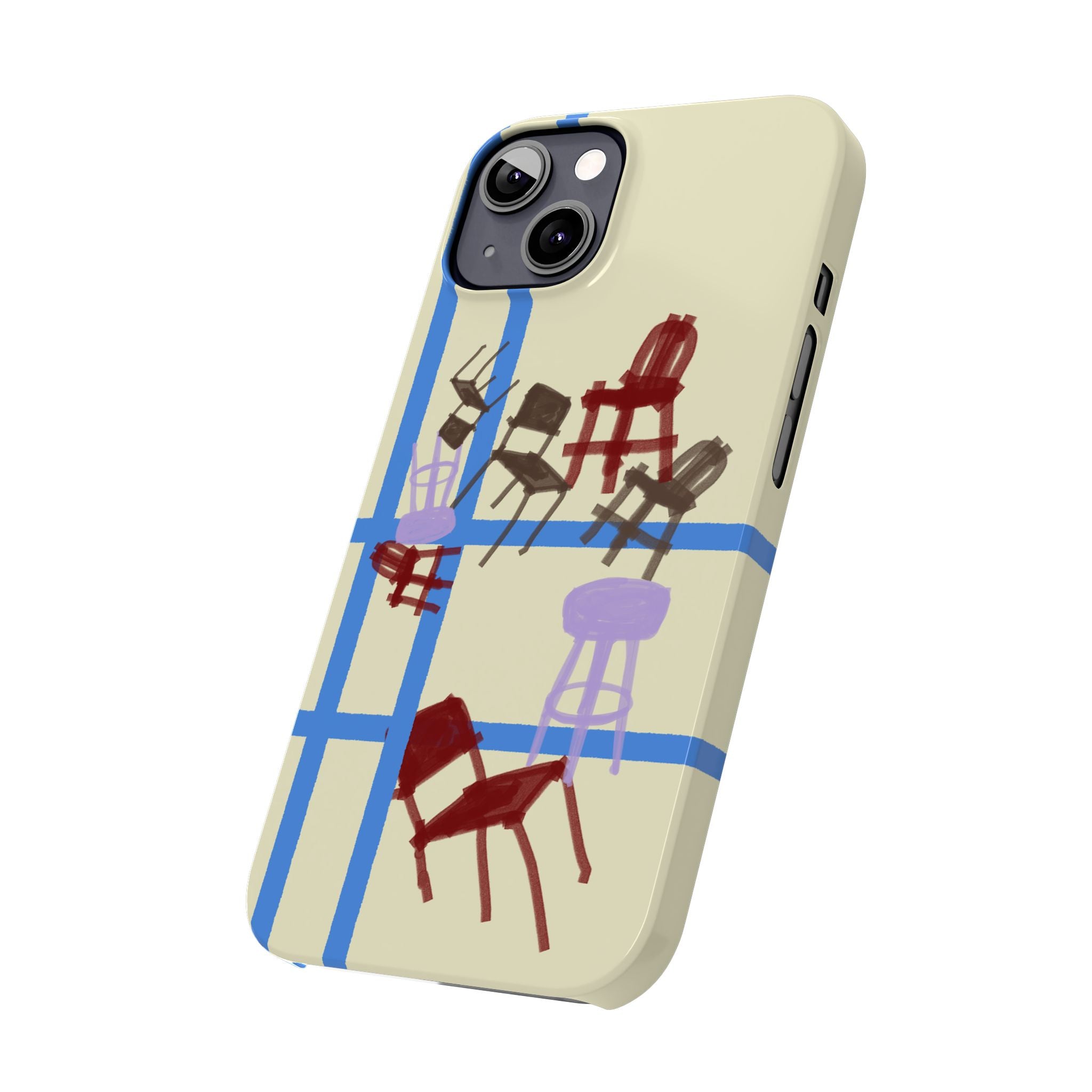 Slim Phone Case — Retro Chairs Pattern on Cream with Blue Grid Backroom-Inspired