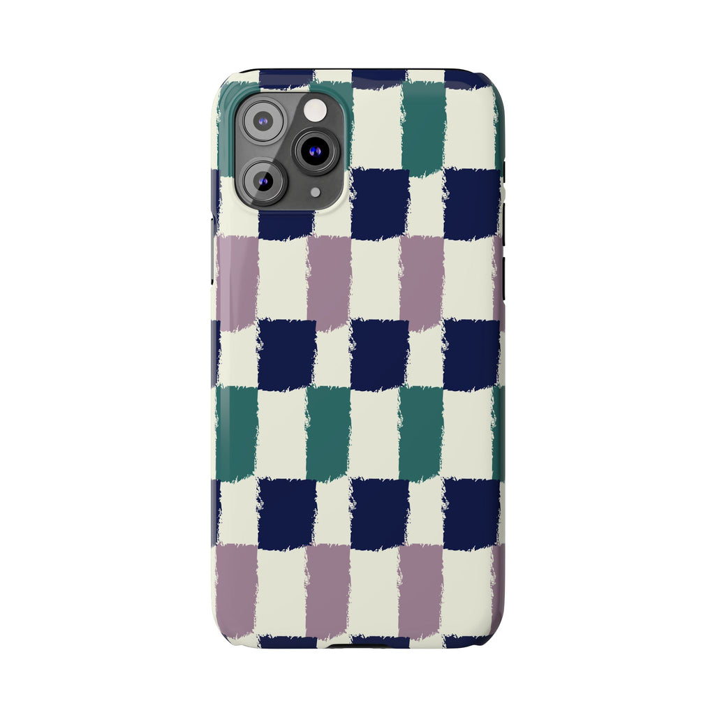 Painterly Check Slim Phone Case — Hand-Painted Navy, Teal & Lavender Grid