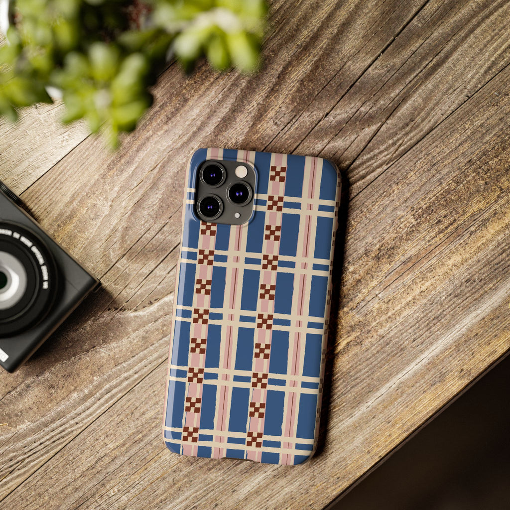 Slim Phone Case — Blue & Pink Retro Plaid Pattern