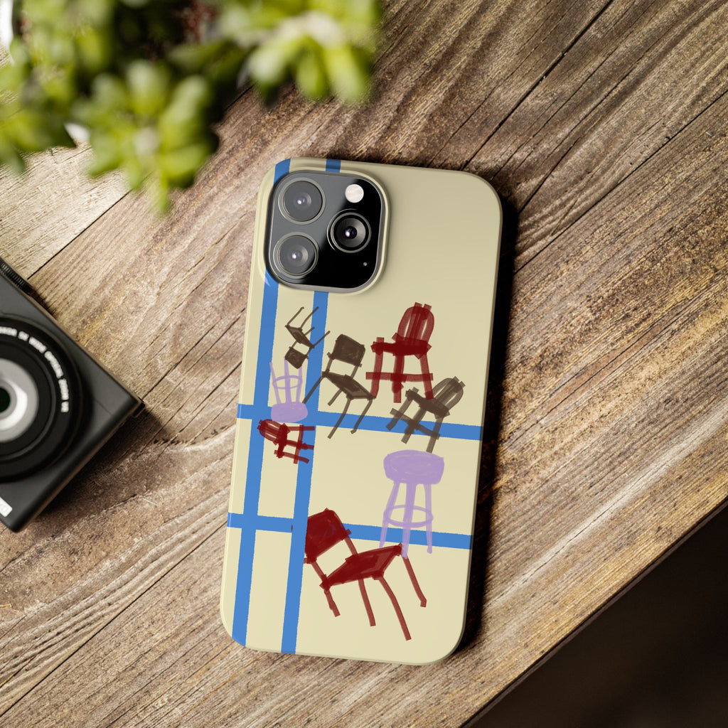 Slim Phone Case — Retro Chairs Pattern on Cream with Blue Grid Backroom-Inspired