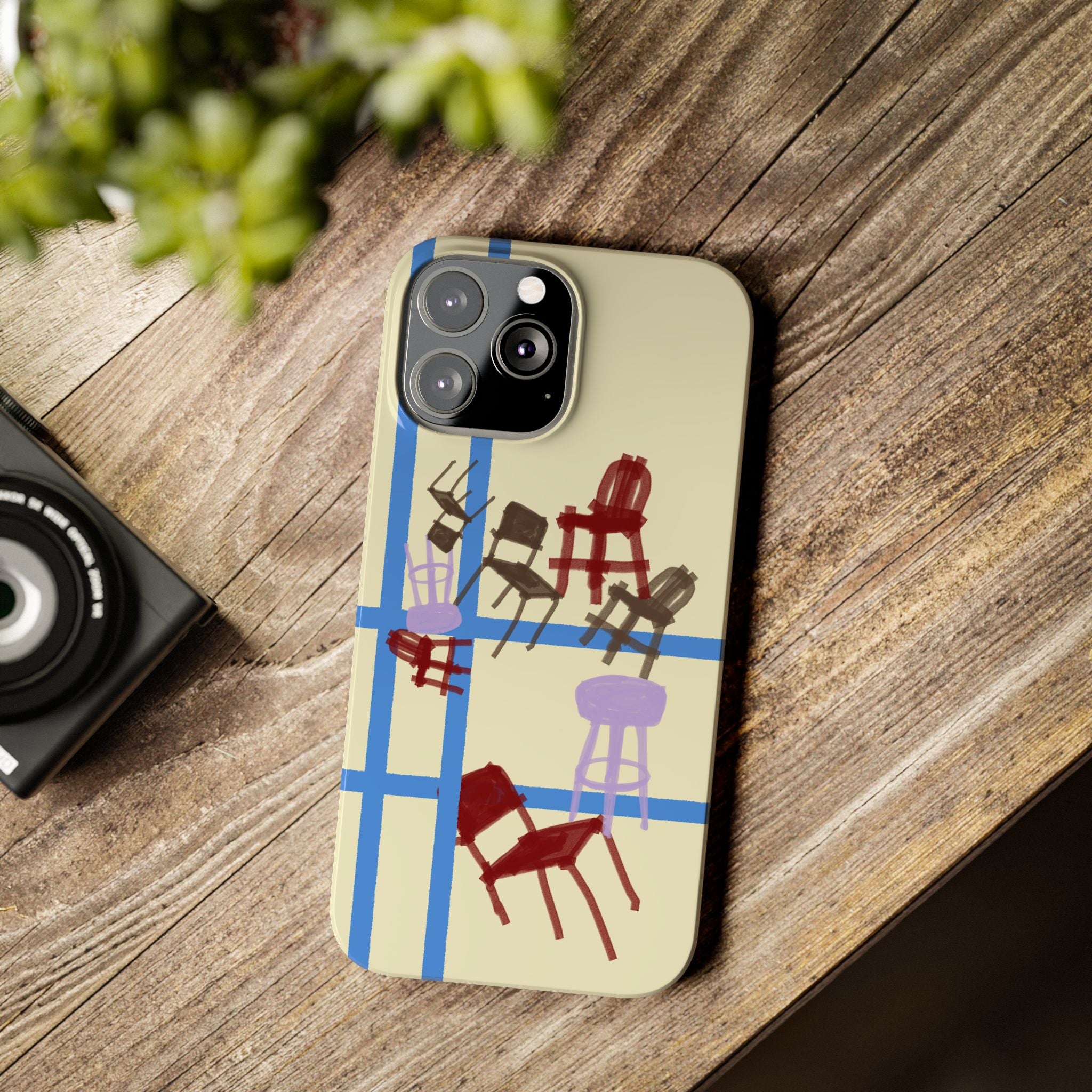 Slim Phone Case — Retro Chairs Pattern on Cream with Blue Grid Backroom-Inspired