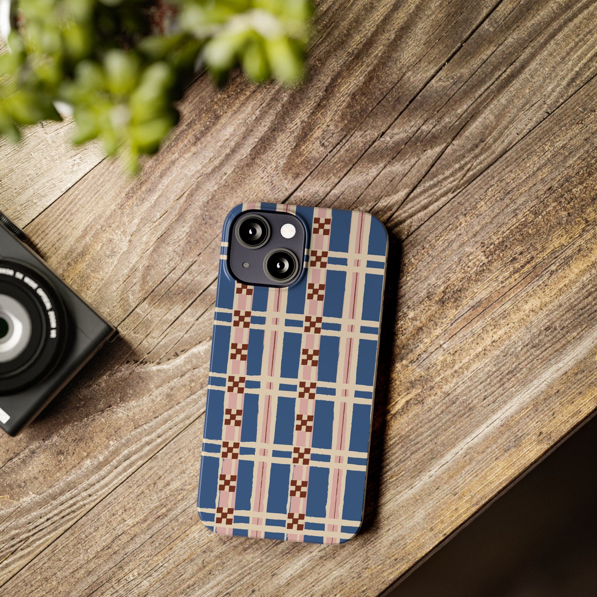 Slim Phone Case — Blue & Pink Retro Plaid Pattern