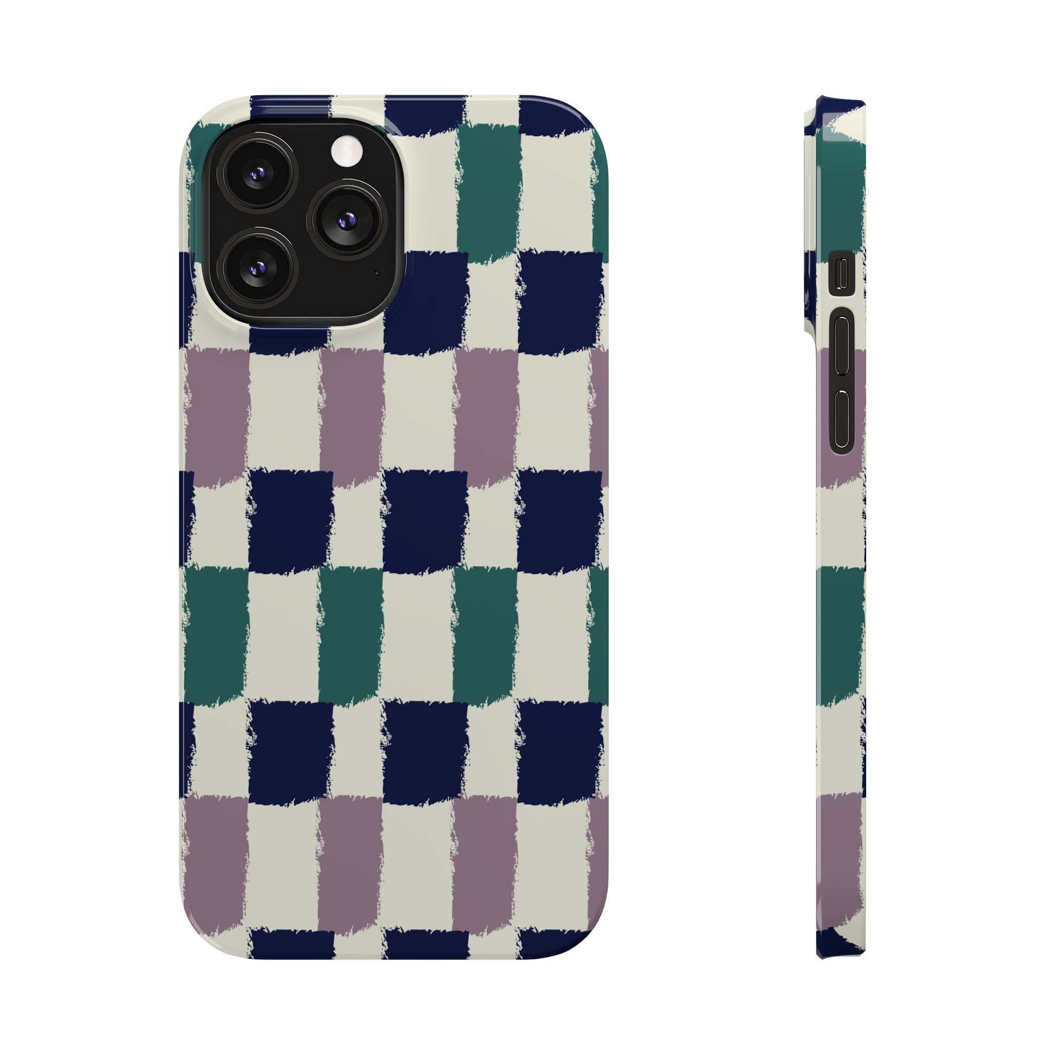 Painterly Check Slim Phone Case — Hand-Painted Navy, Teal & Lavender Grid
