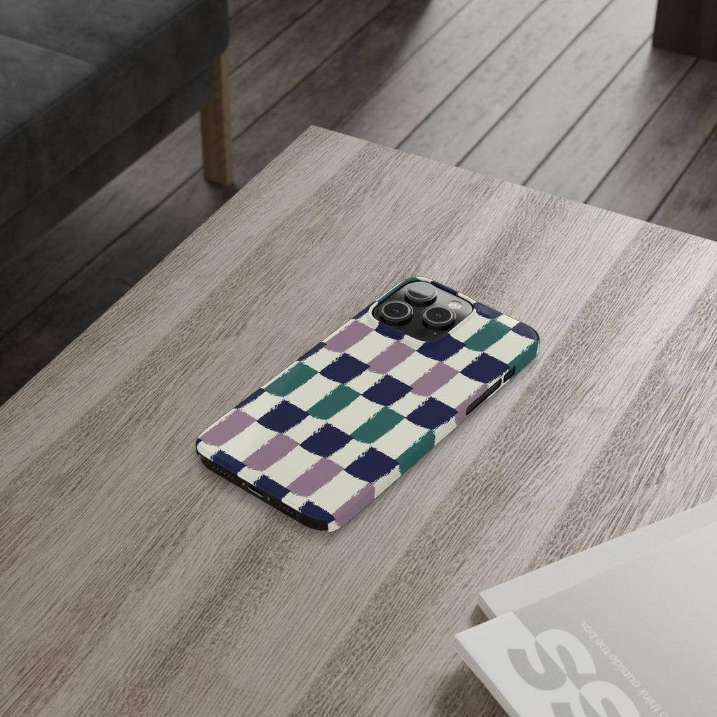 Painterly Check Slim Phone Case — Hand-Painted Navy, Teal & Lavender Grid