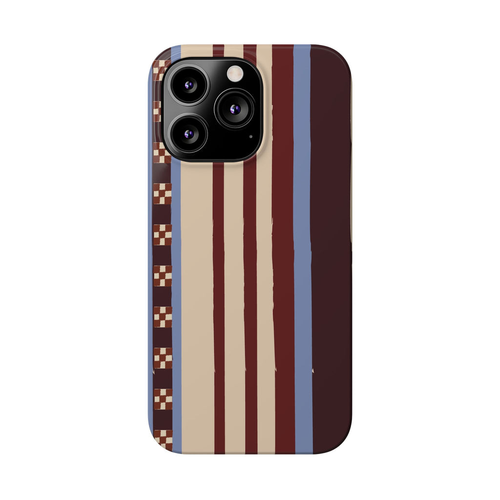 Slim Phone Case — Retro Striped Beige, Maroon & Blue Pattern