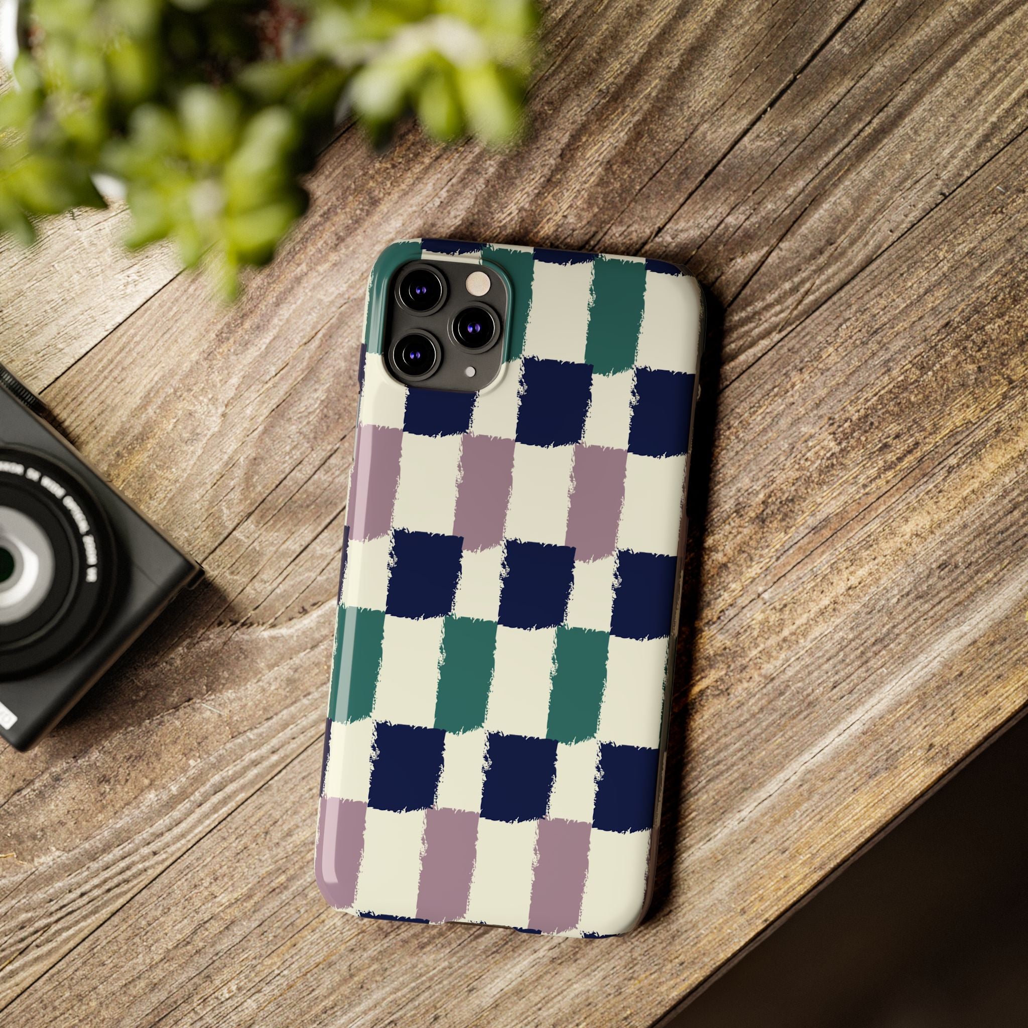 Painterly Check Slim Phone Case — Hand-Painted Navy, Teal & Lavender Grid