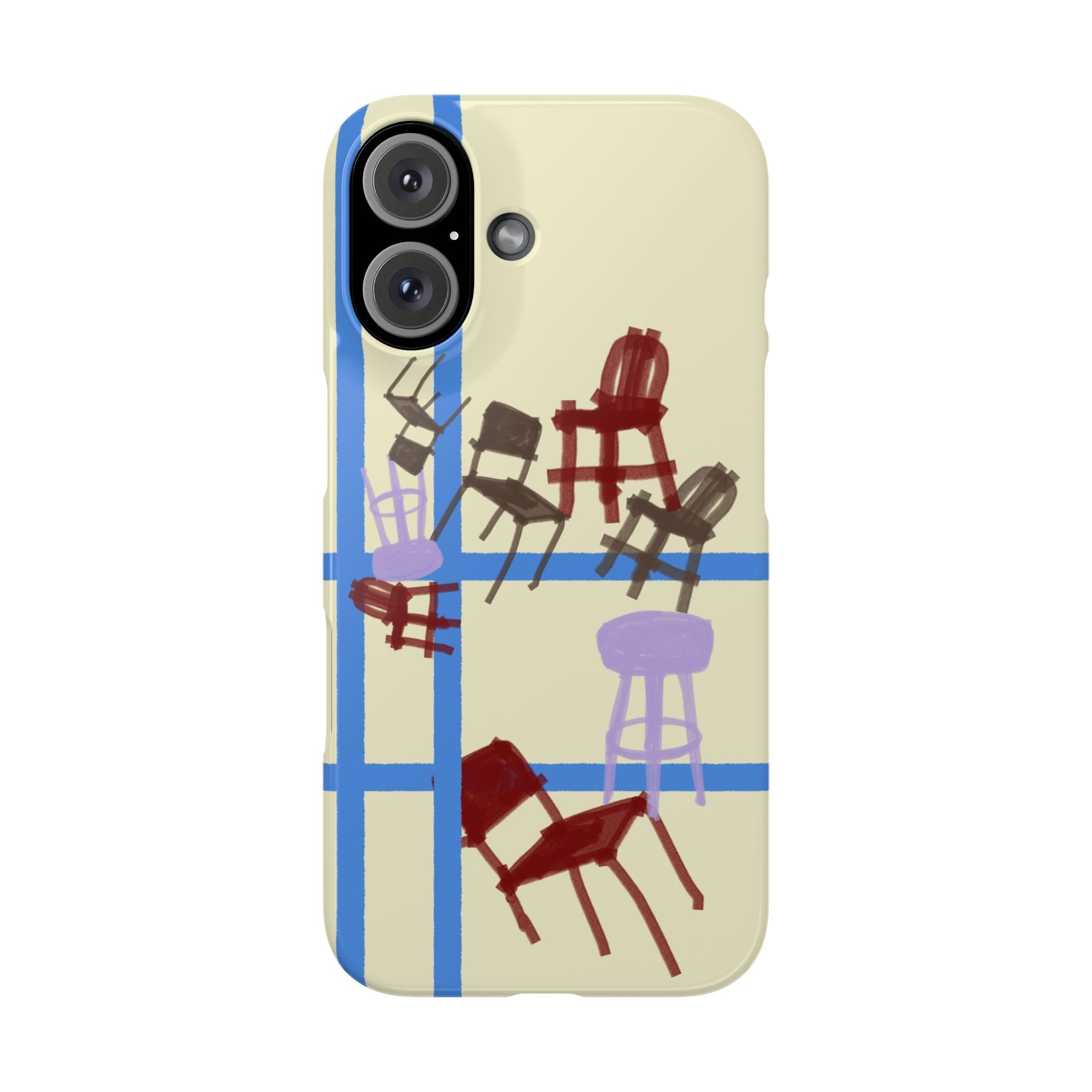 Slim Phone Case — Retro Chairs Pattern on Cream with Blue Grid Backroom-Inspired