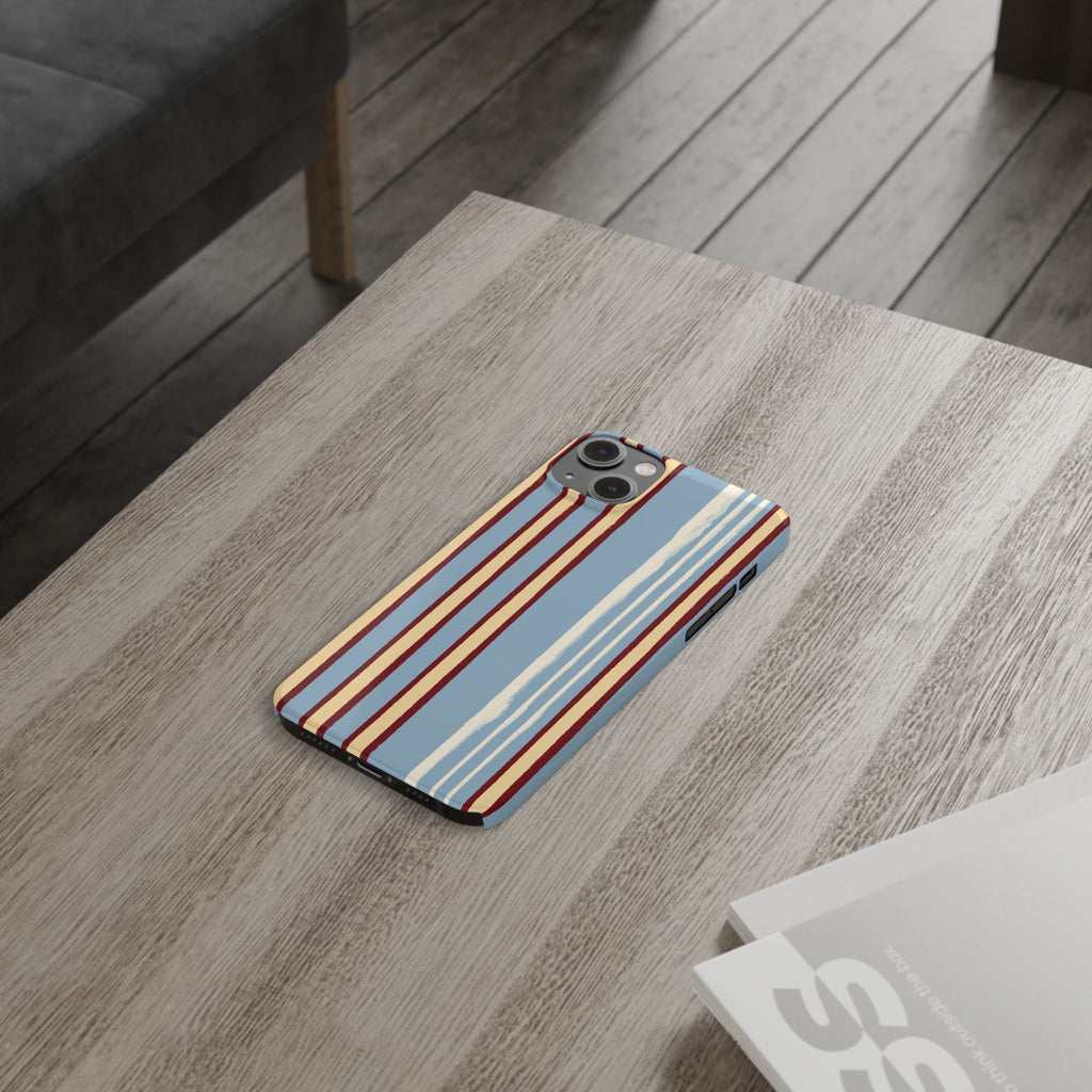 Retro Striped Slim Phone Case — Blue, Cream & Burgundy Vertical Lines